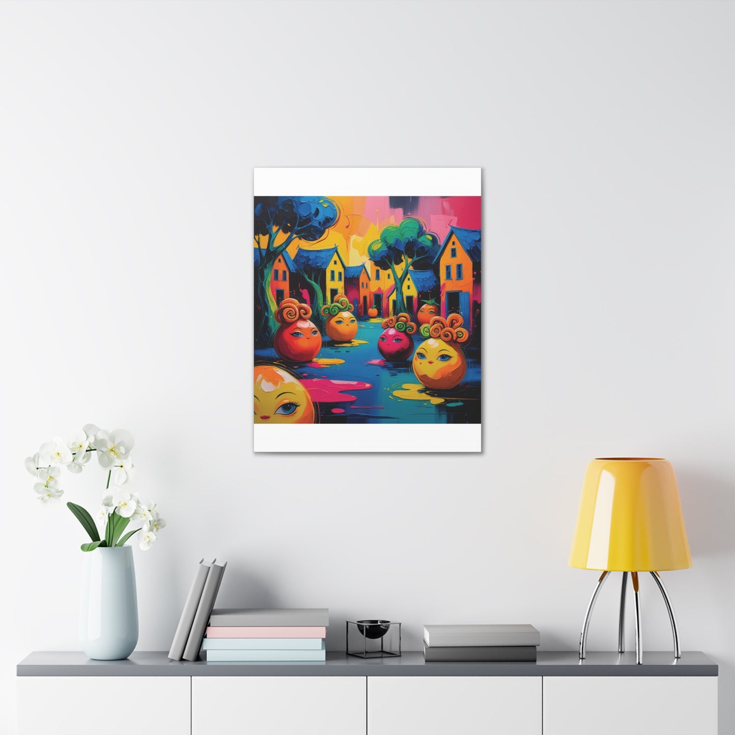 Vibrant Art Canvas Gallery Wraps - Whimsical Colorful Village Scene