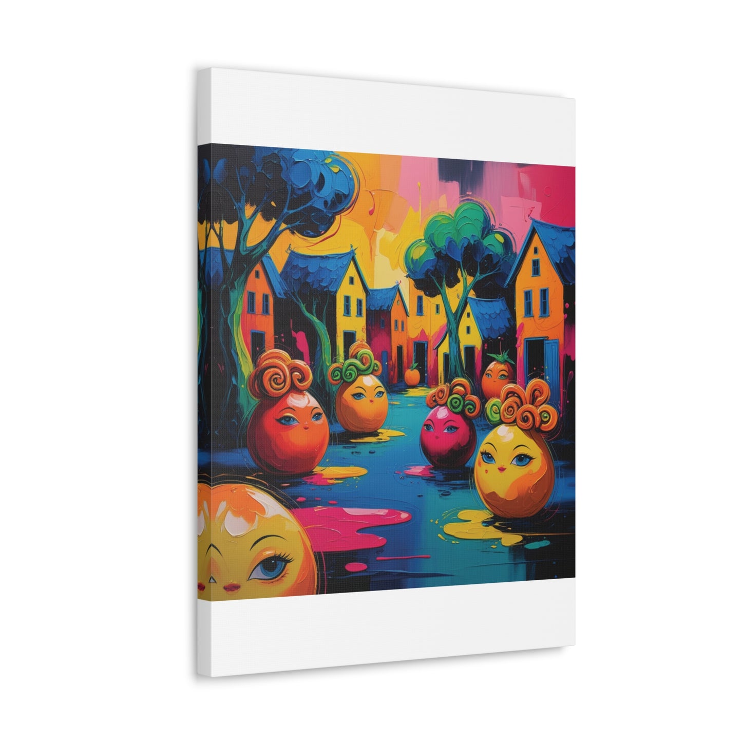 Vibrant Art Canvas Gallery Wraps - Whimsical Colorful Village Scene