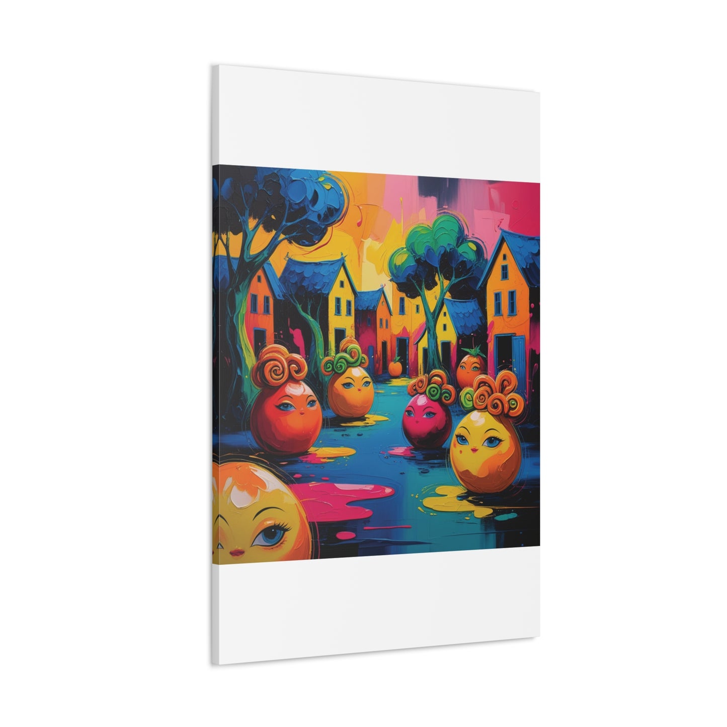 Vibrant Art Canvas Gallery Wraps - Whimsical Colorful Village Scene