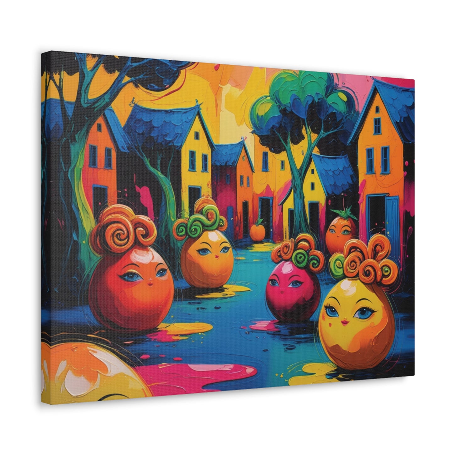 Vibrant Art Canvas Gallery Wraps - Whimsical Colorful Village Scene