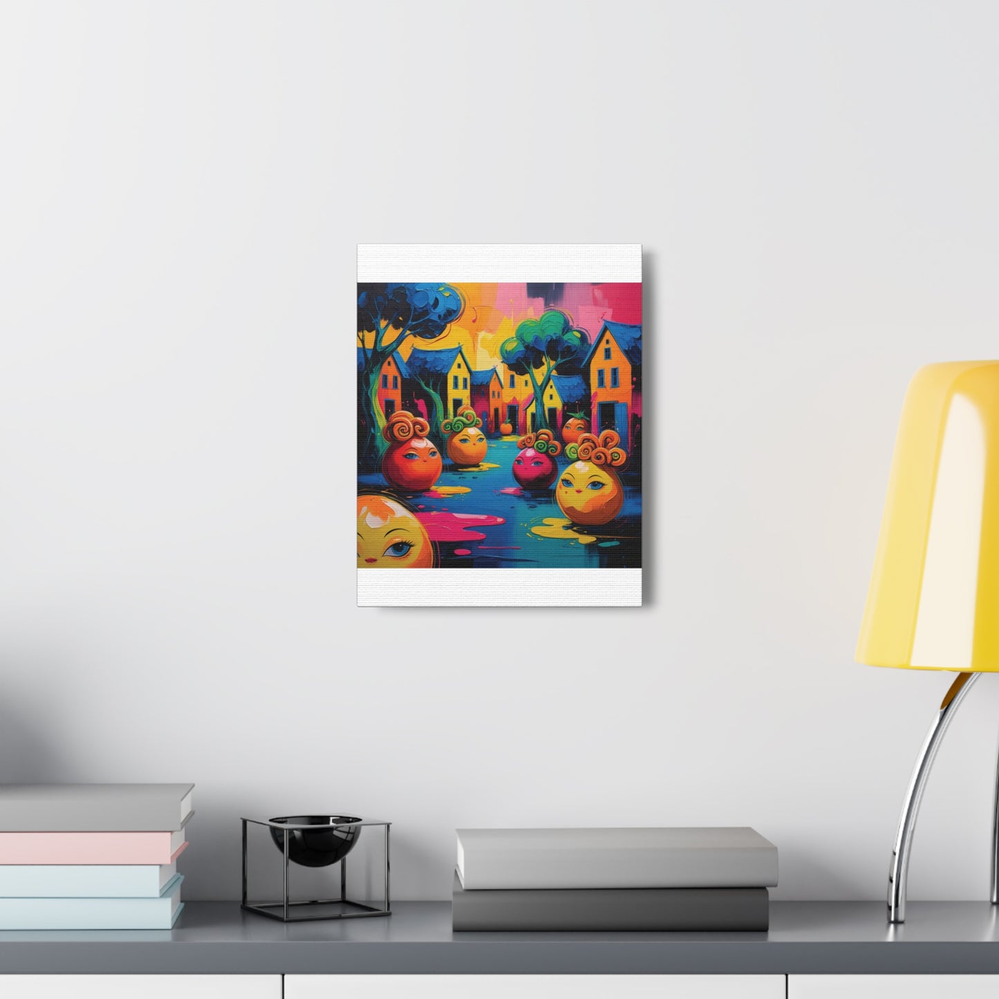 Vibrant Art Canvas Gallery Wraps - Whimsical Colorful Village Scene