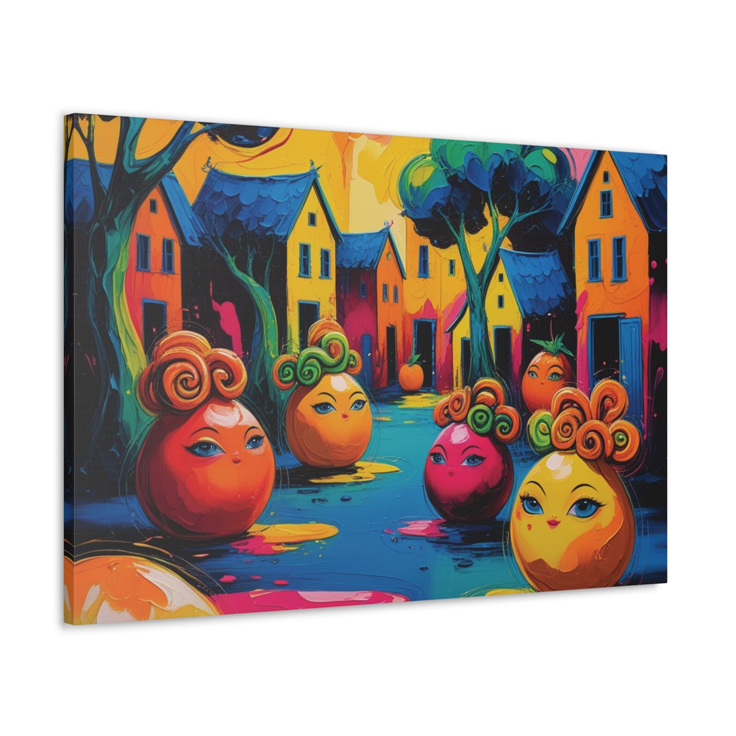 Vibrant Art Canvas Gallery Wraps - Whimsical Colorful Village Scene
