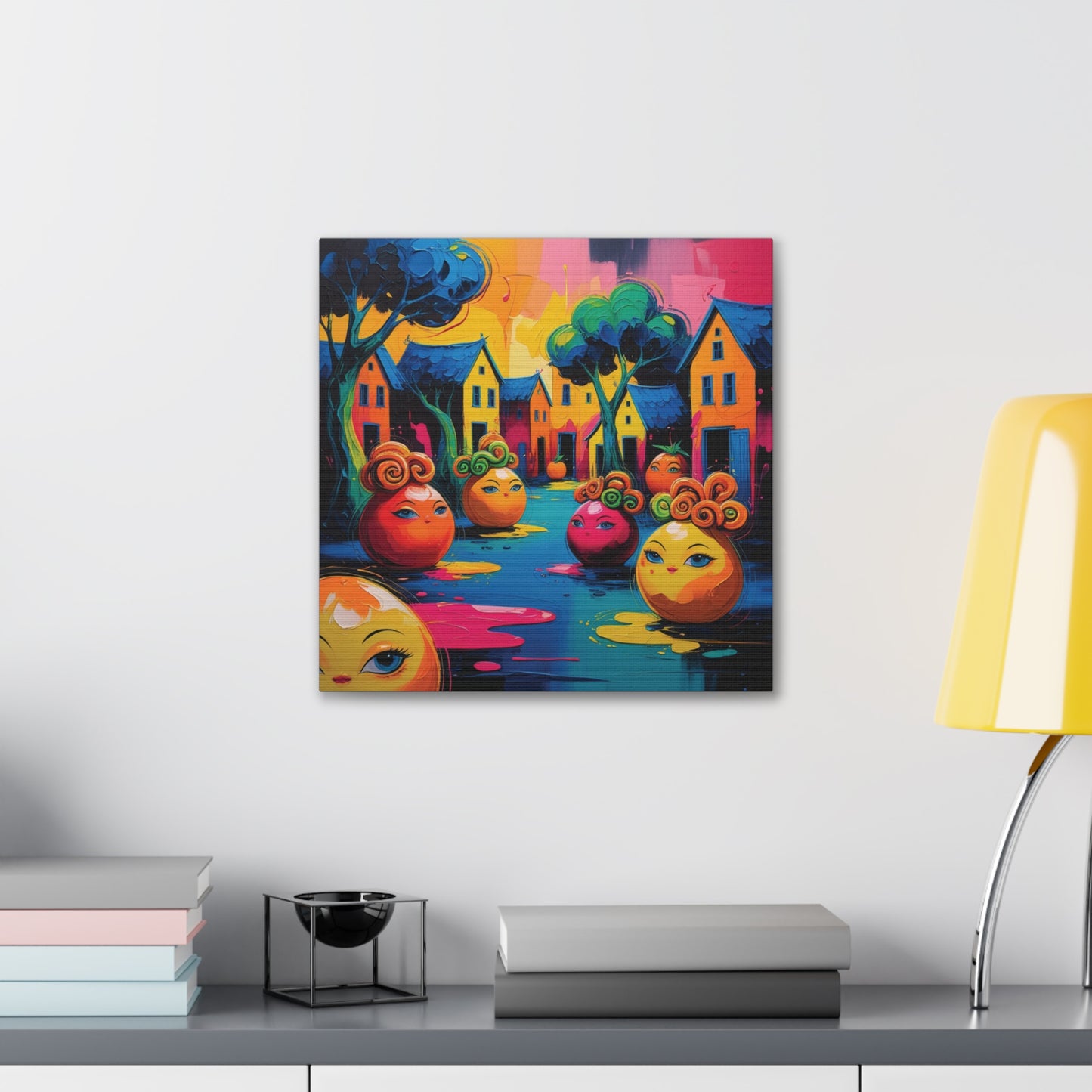 Vibrant Art Canvas Gallery Wraps - Whimsical Colorful Village Scene