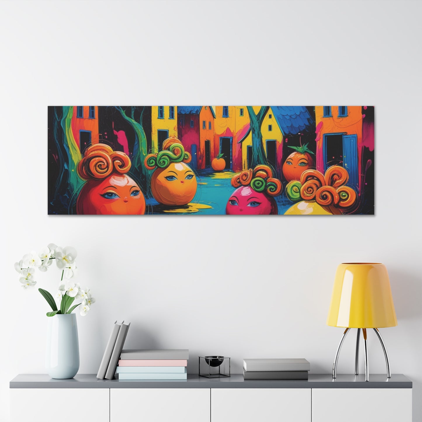 Vibrant Art Canvas Gallery Wraps - Whimsical Colorful Village Scene