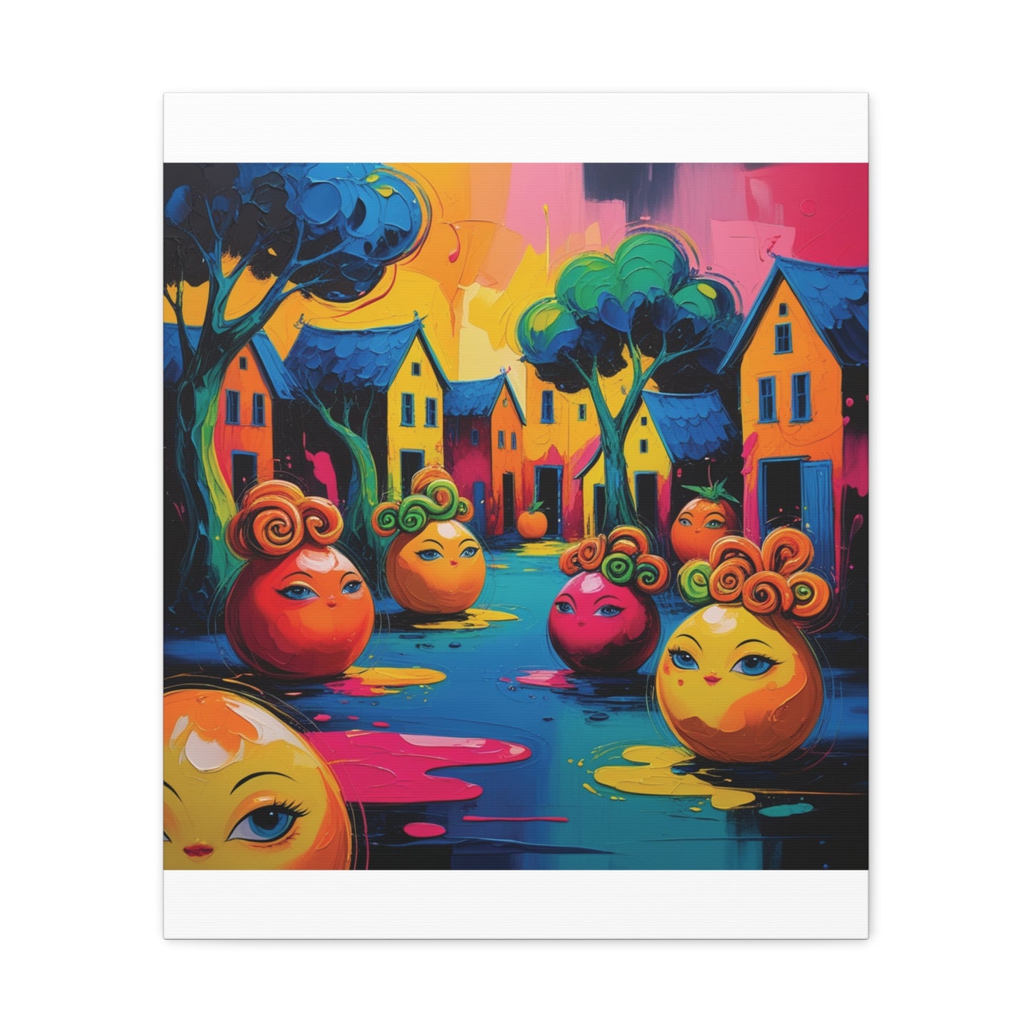 Vibrant Art Canvas Gallery Wraps - Whimsical Colorful Village Scene