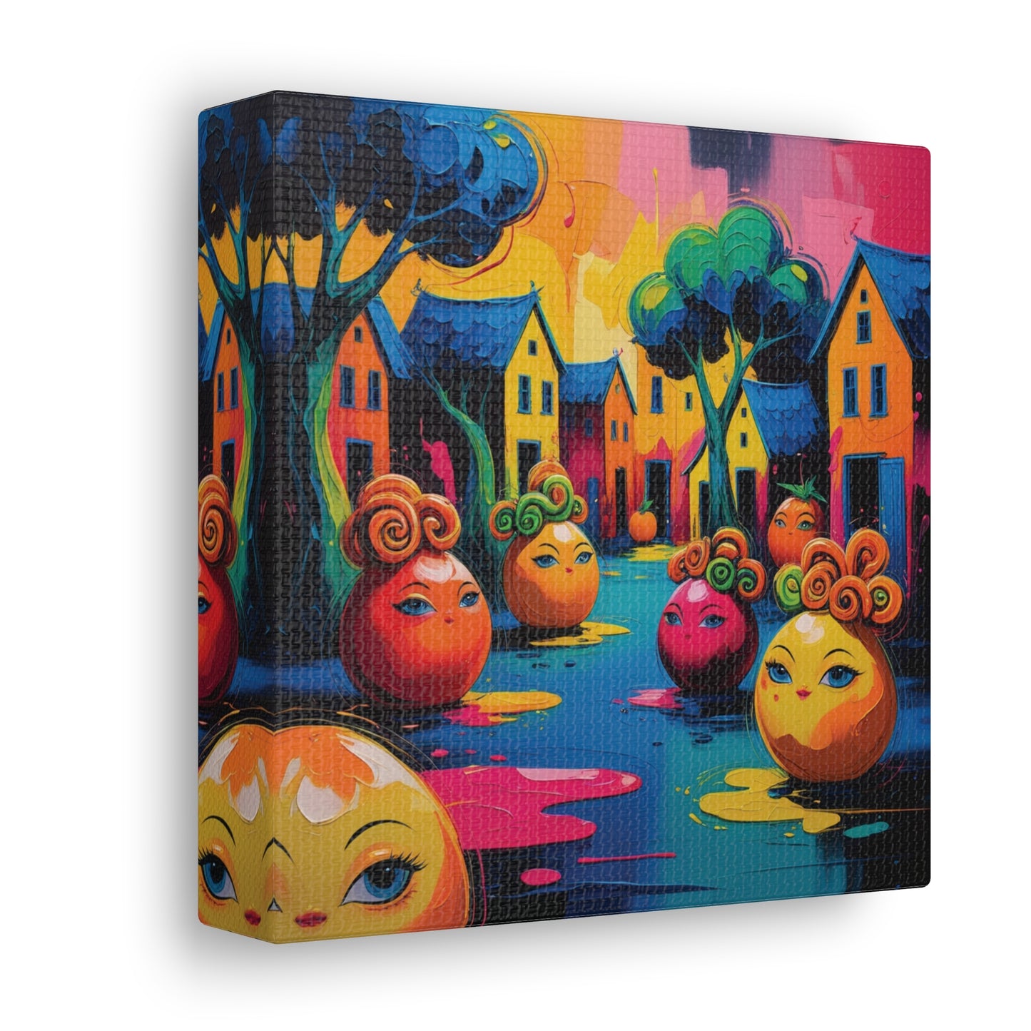 Vibrant Art Canvas Gallery Wraps - Whimsical Colorful Village Scene