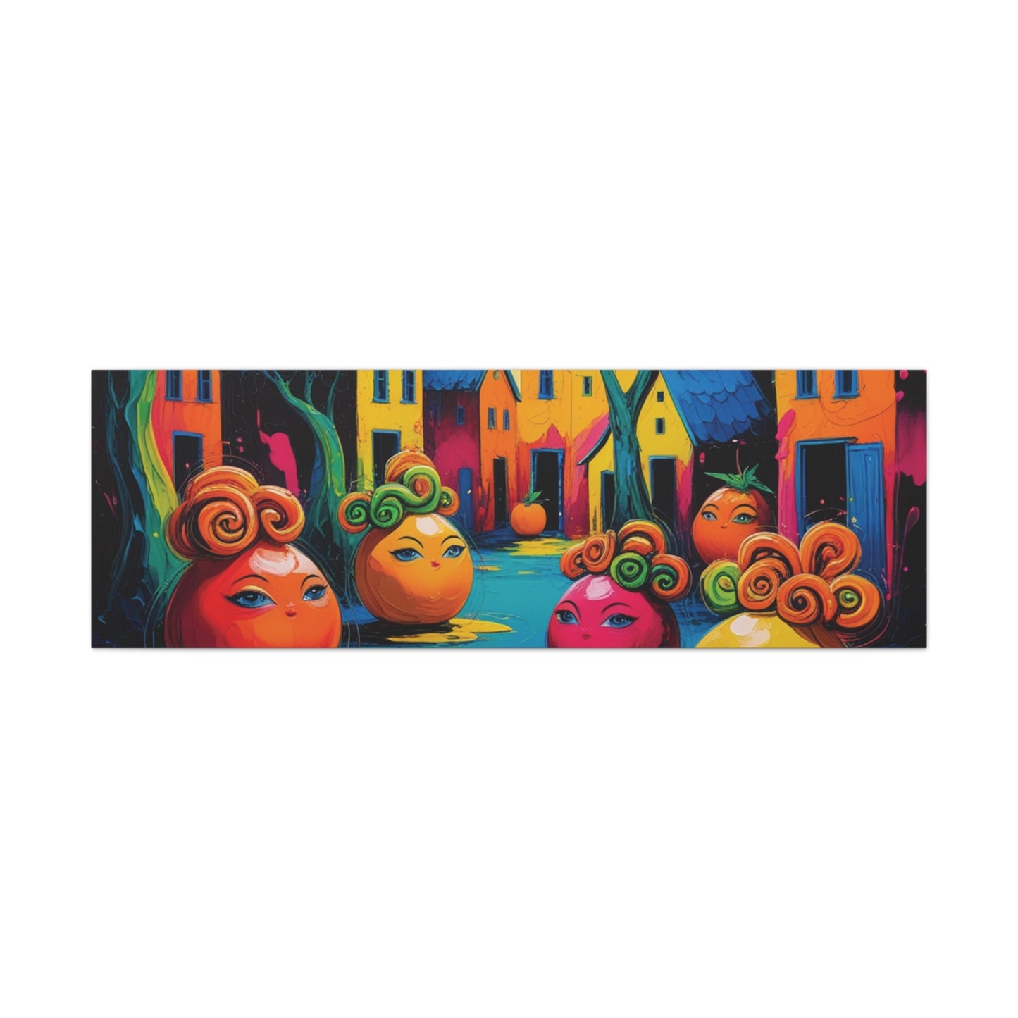 Vibrant Art Canvas Gallery Wraps - Whimsical Colorful Village Scene