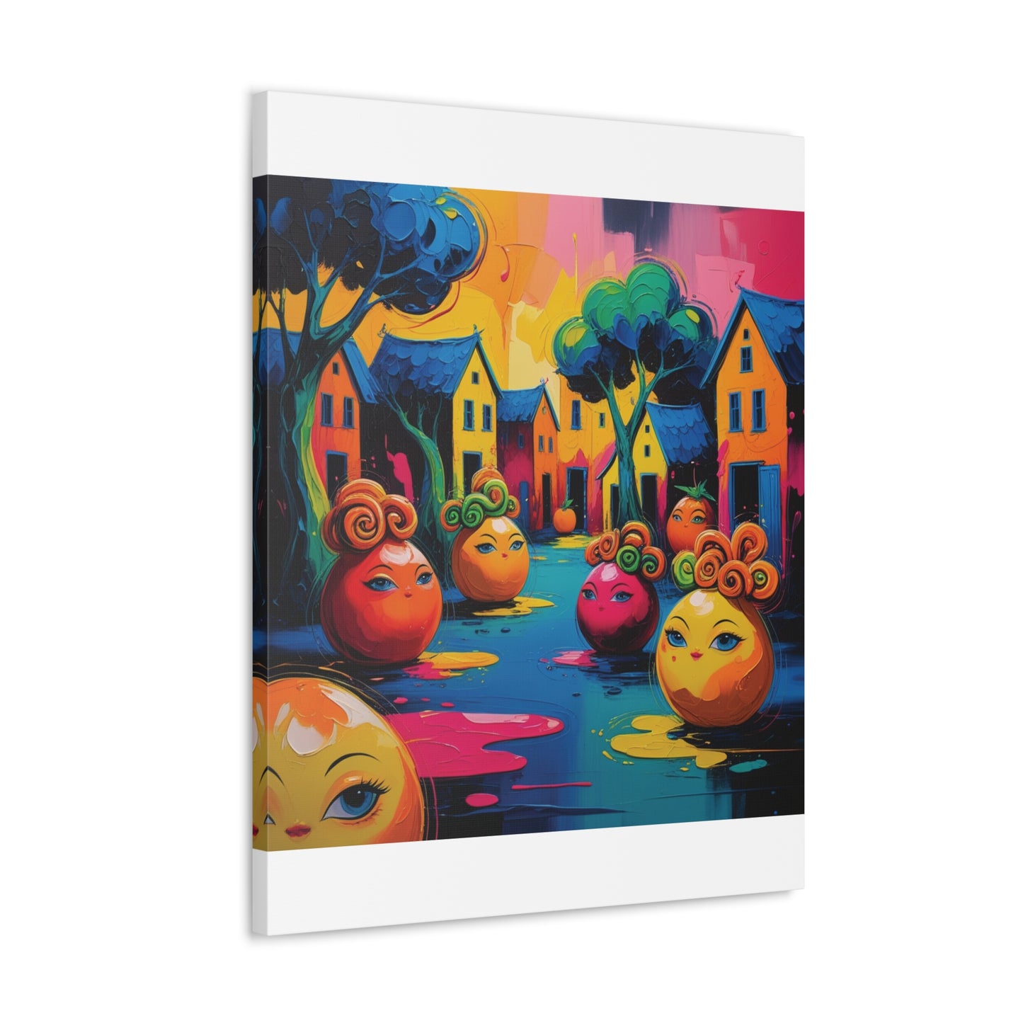 Vibrant Art Canvas Gallery Wraps - Whimsical Colorful Village Scene