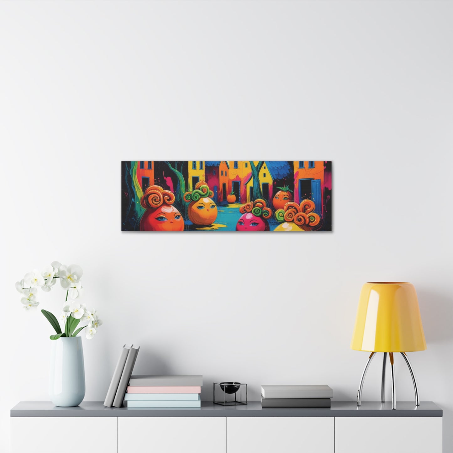 Vibrant Art Canvas Gallery Wraps - Whimsical Colorful Village Scene