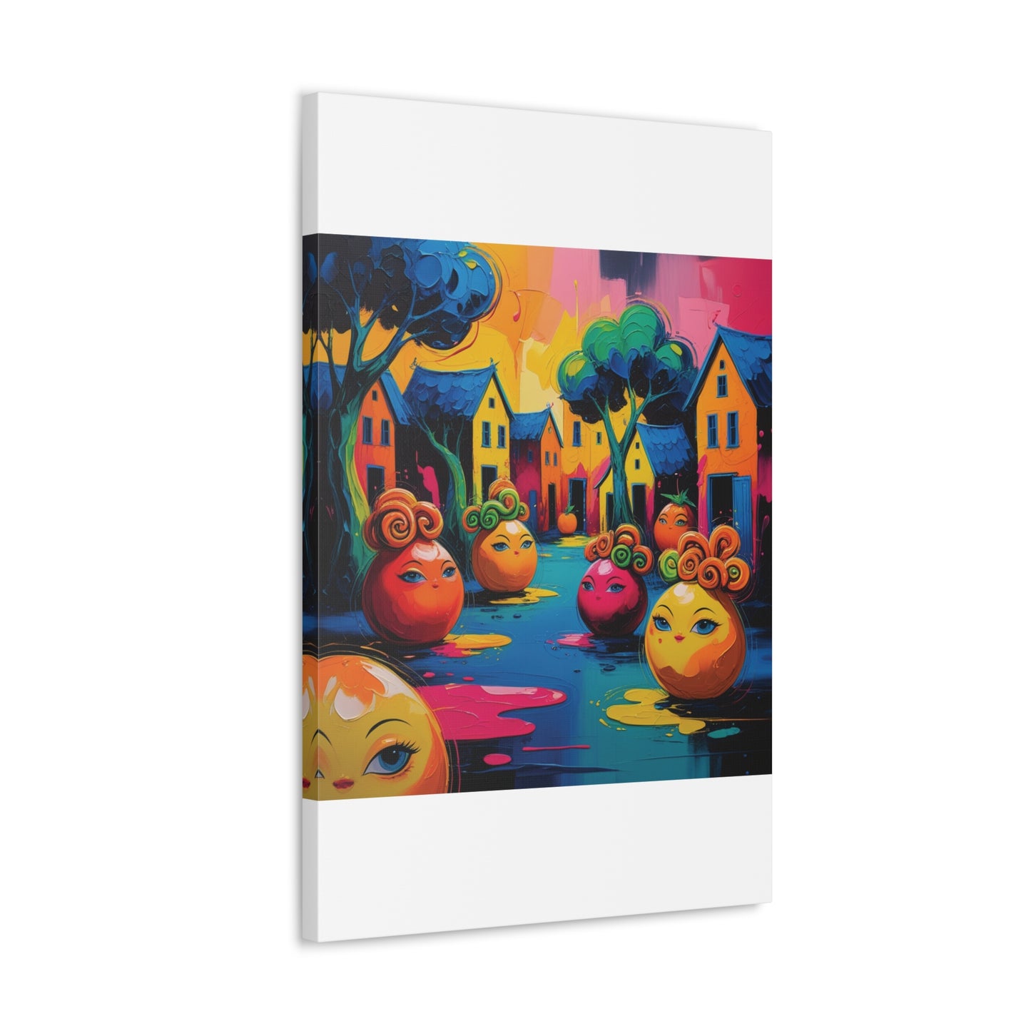 Vibrant Art Canvas Gallery Wraps - Whimsical Colorful Village Scene