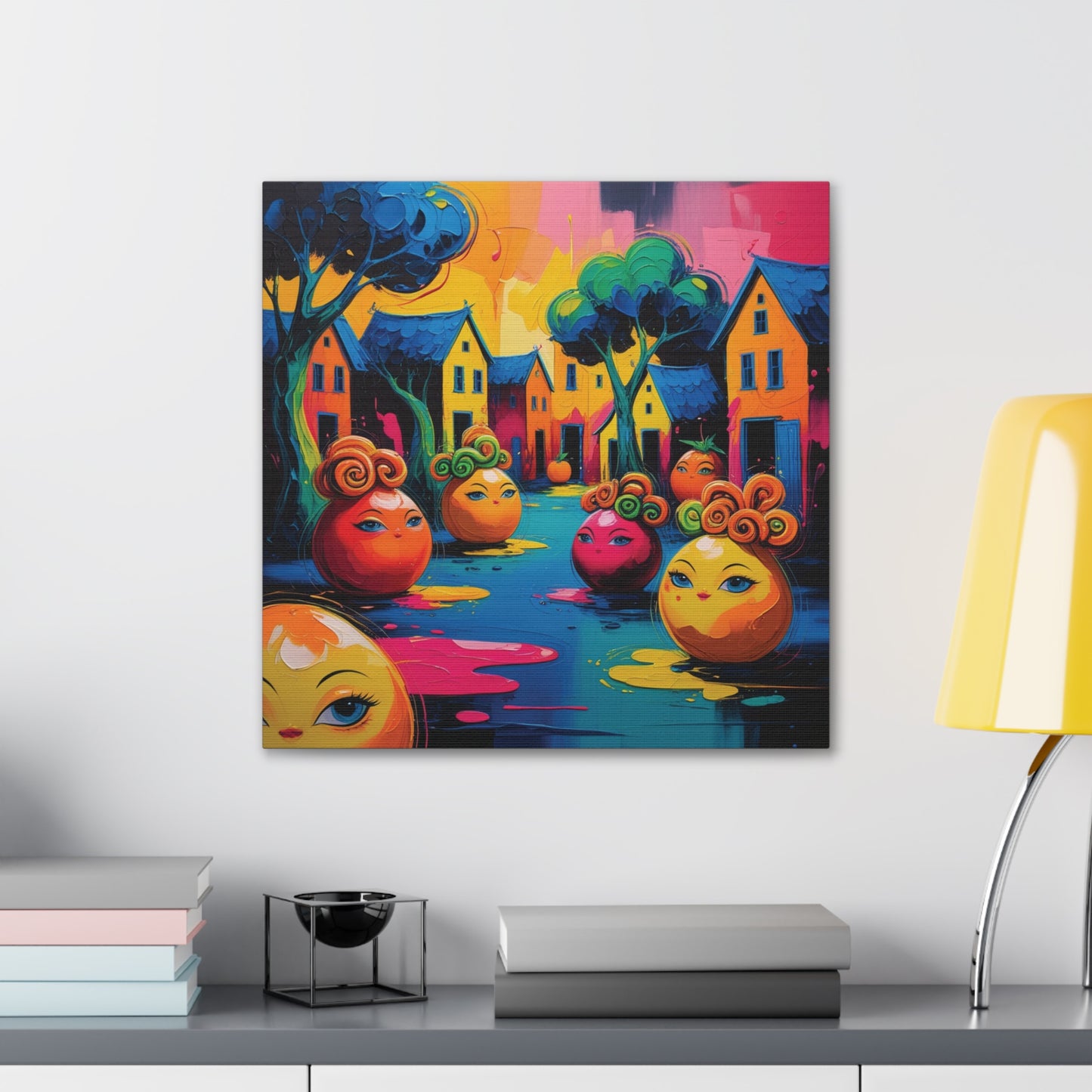 Vibrant Art Canvas Gallery Wraps - Whimsical Colorful Village Scene