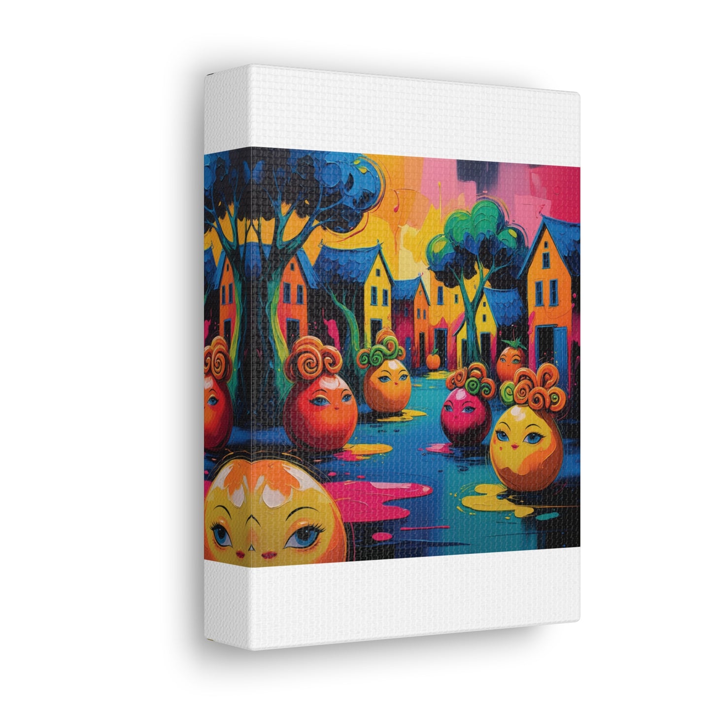 Vibrant Art Canvas Gallery Wraps - Whimsical Colorful Village Scene