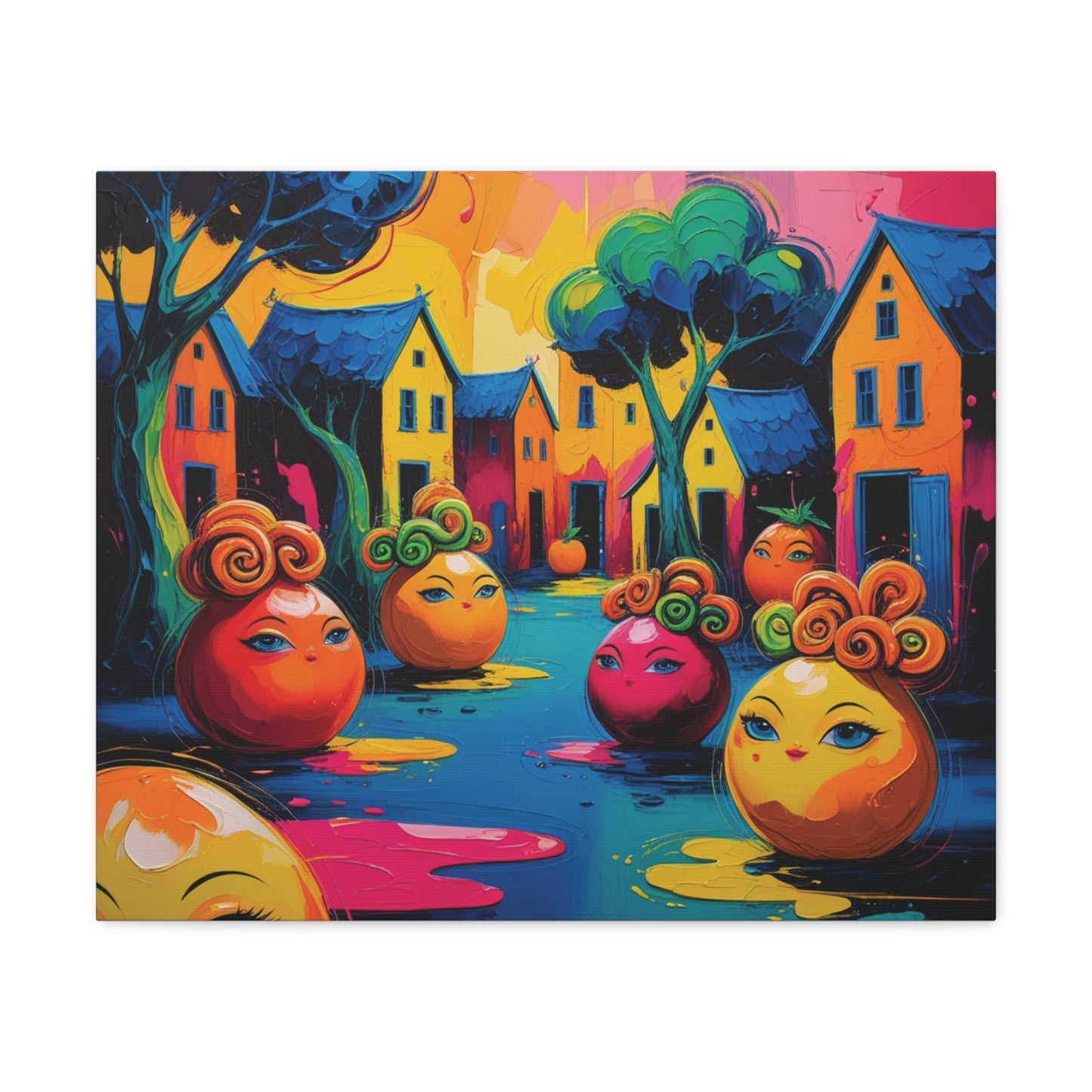 Vibrant Art Canvas Gallery Wraps - Whimsical Colorful Village Scene