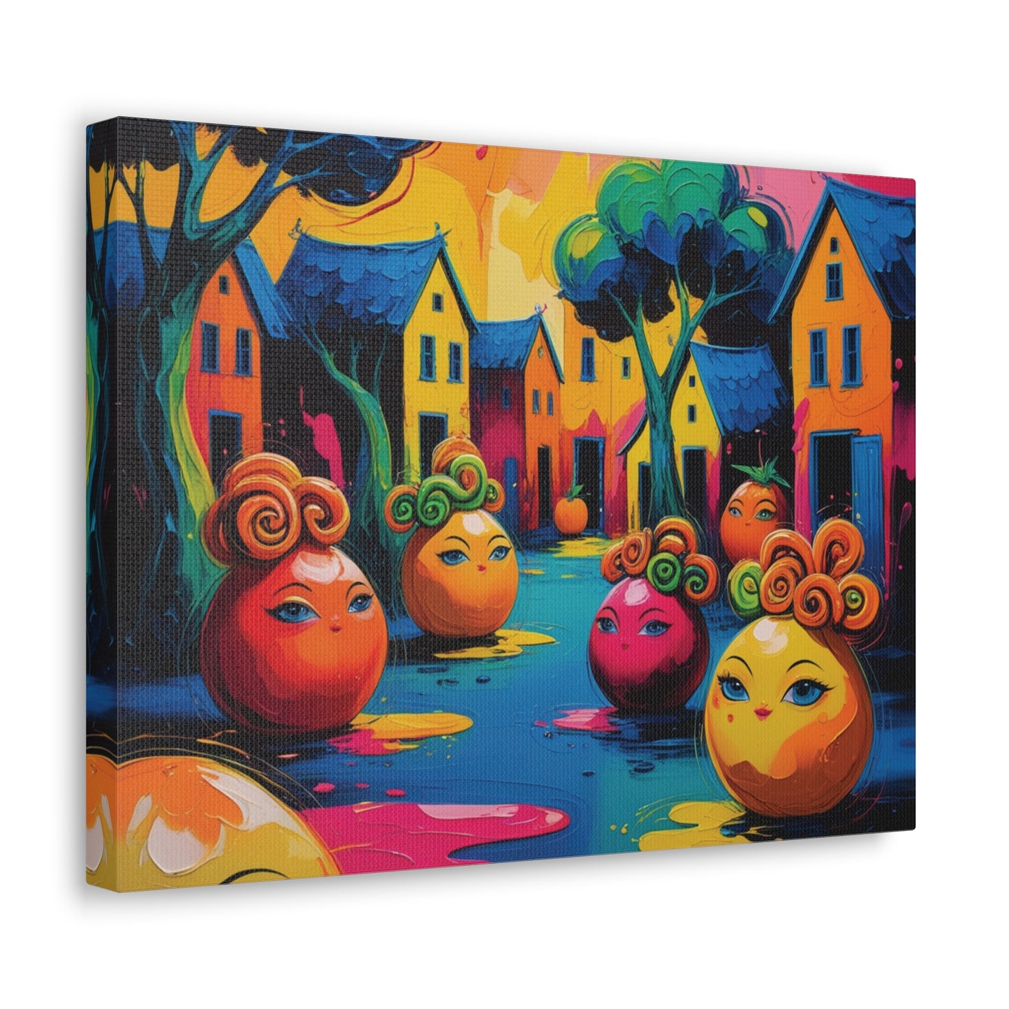 Vibrant Art Canvas Gallery Wraps - Whimsical Colorful Village Scene