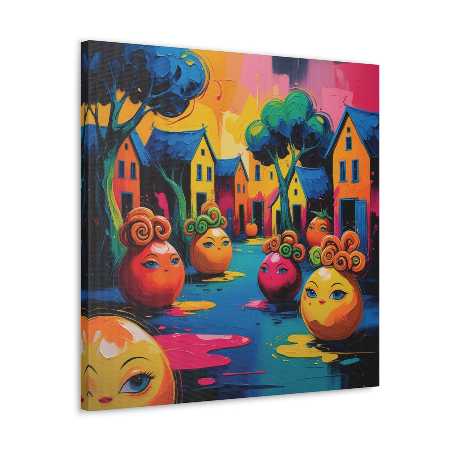 Vibrant Art Canvas Gallery Wraps - Whimsical Colorful Village Scene