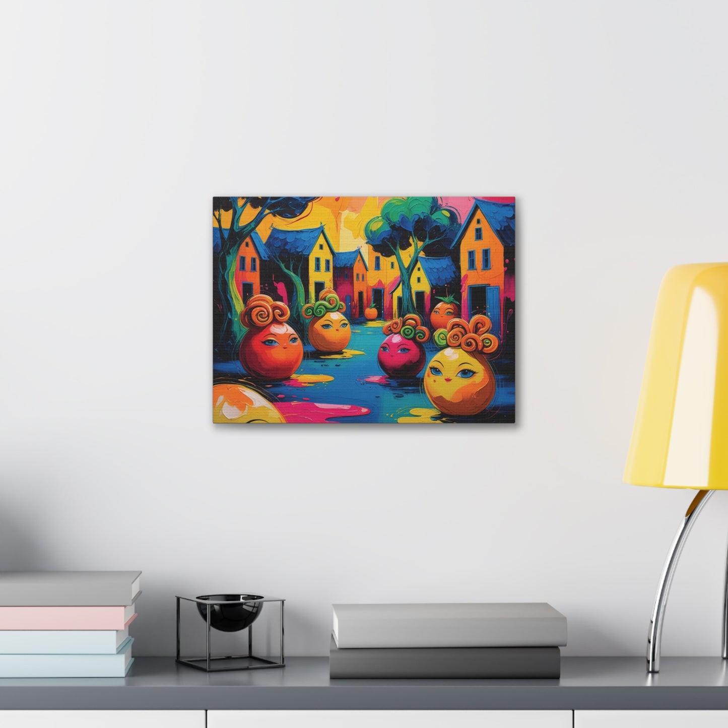 Vibrant Art Canvas Gallery Wraps - Whimsical Colorful Village Scene