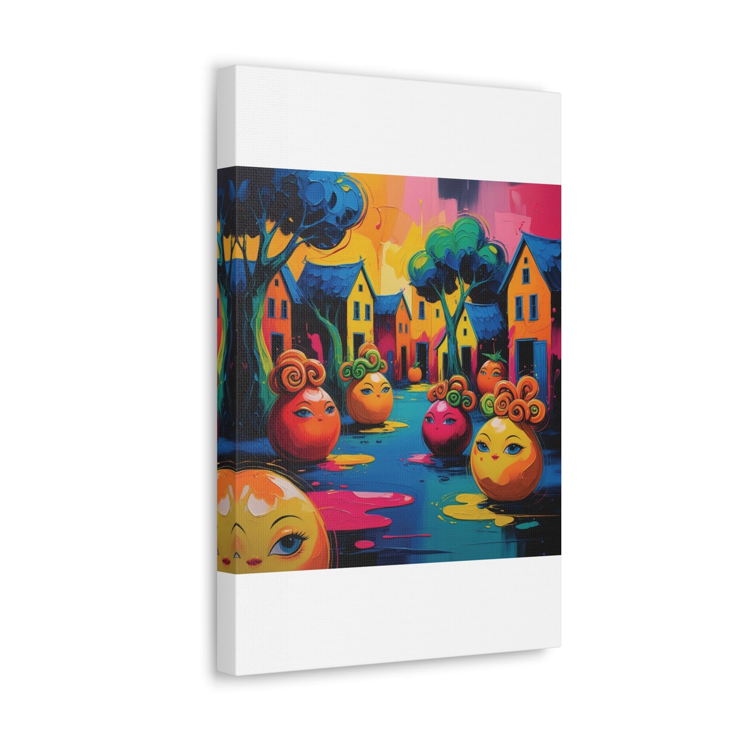 Vibrant Art Canvas Gallery Wraps - Whimsical Colorful Village Scene