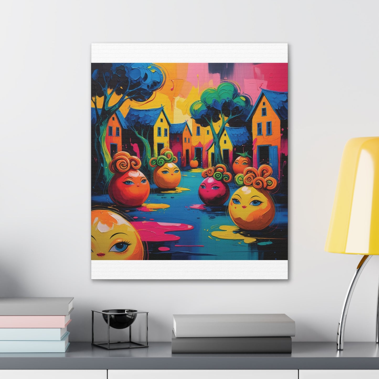 Vibrant Art Canvas Gallery Wraps - Whimsical Colorful Village Scene
