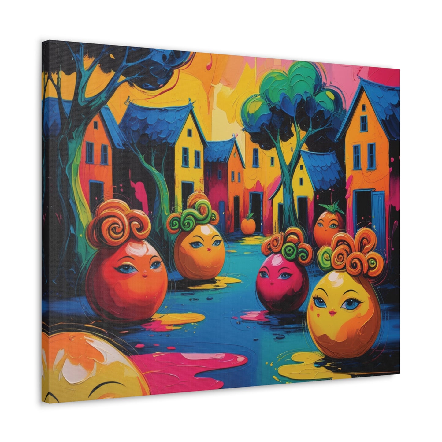 Vibrant Art Canvas Gallery Wraps - Whimsical Colorful Village Scene