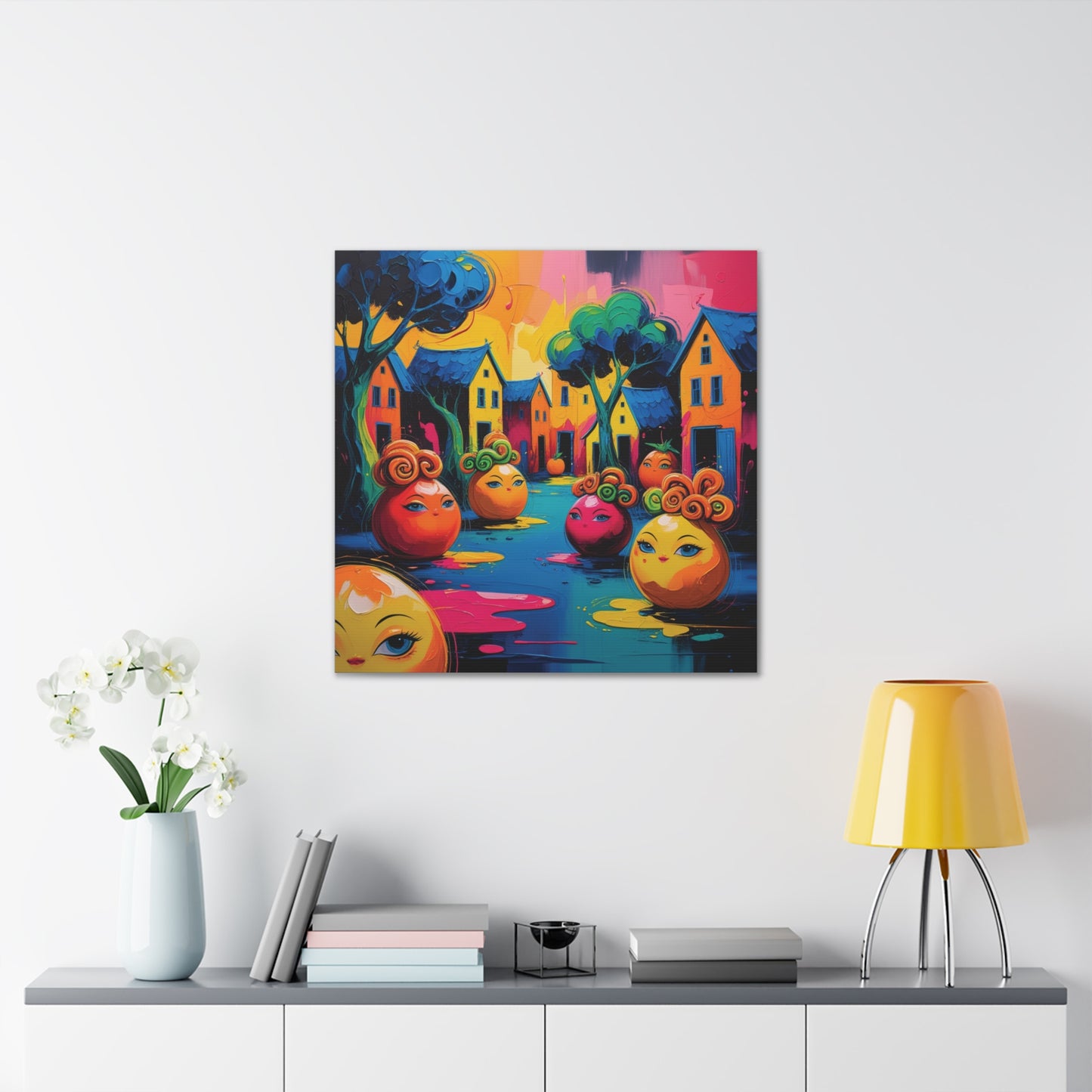 Vibrant Art Canvas Gallery Wraps - Whimsical Colorful Village Scene
