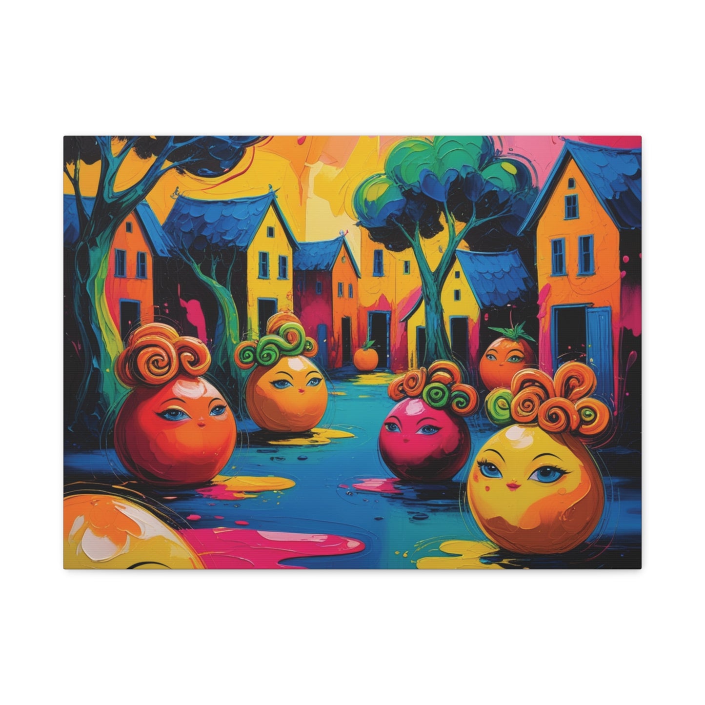 Vibrant Art Canvas Gallery Wraps - Whimsical Colorful Village Scene