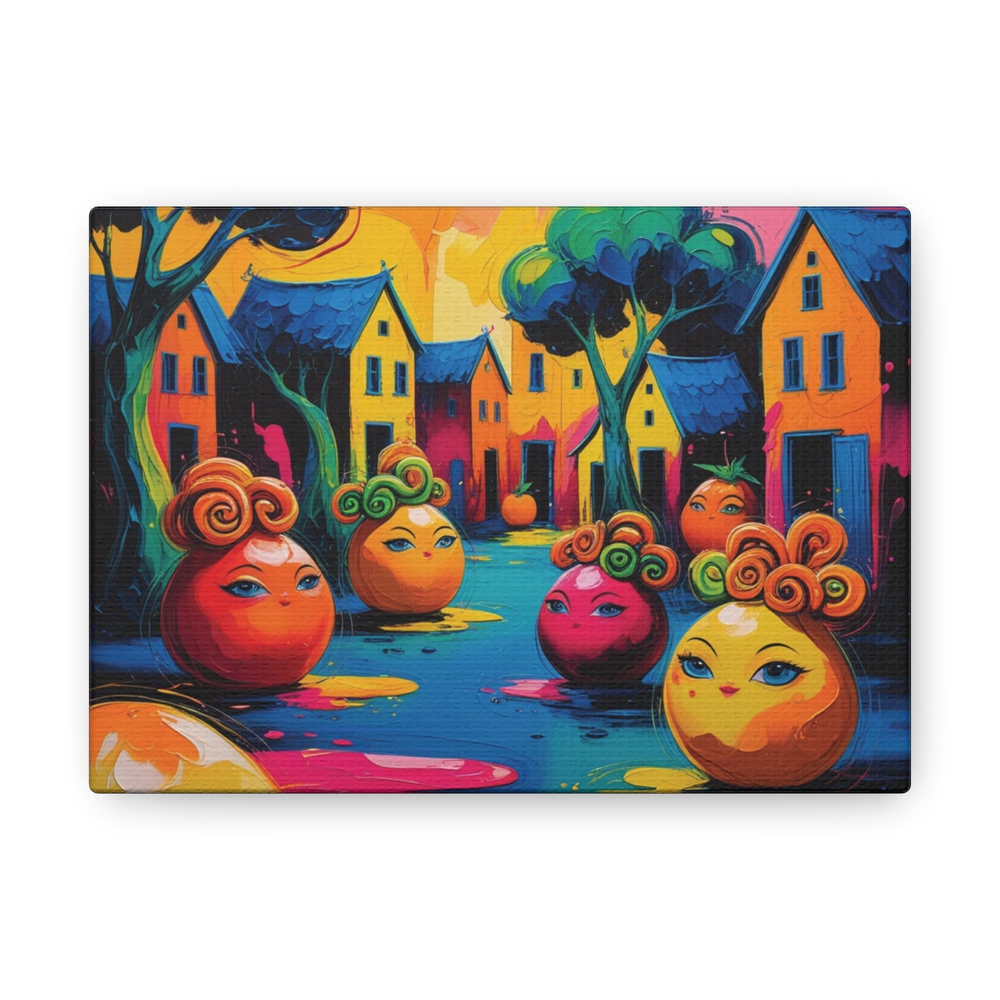 Vibrant Art Canvas Gallery Wraps - Whimsical Colorful Village Scene