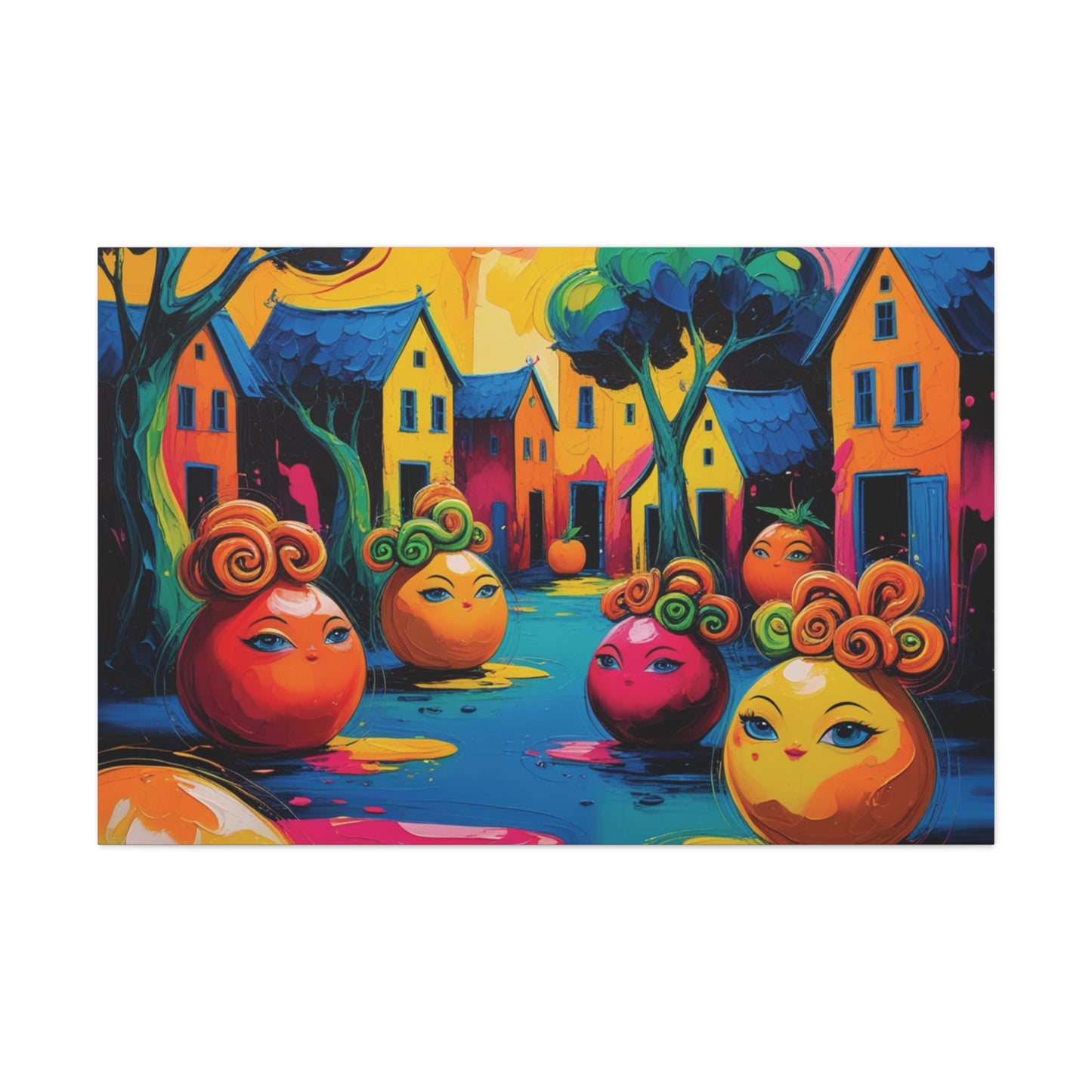 Vibrant Art Canvas Gallery Wraps - Whimsical Colorful Village Scene