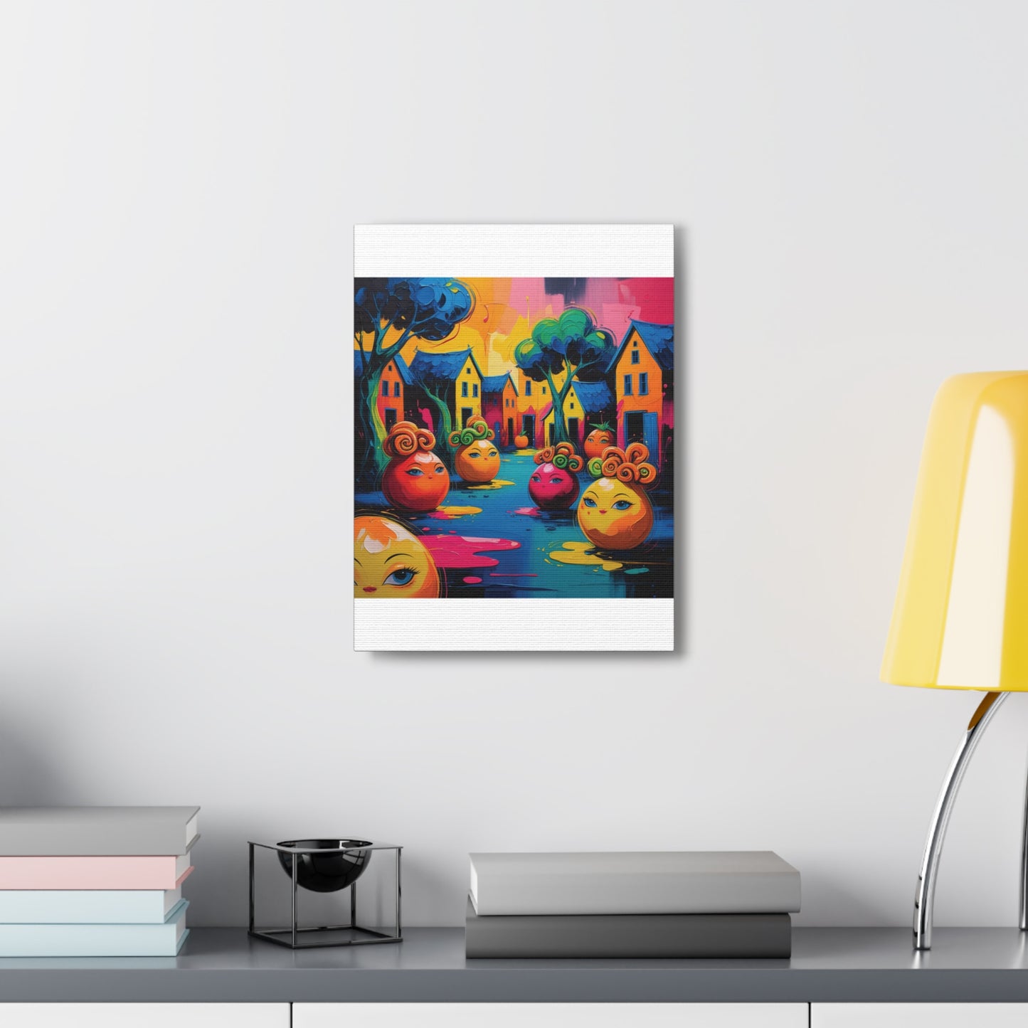Vibrant Art Canvas Gallery Wraps - Whimsical Colorful Village Scene