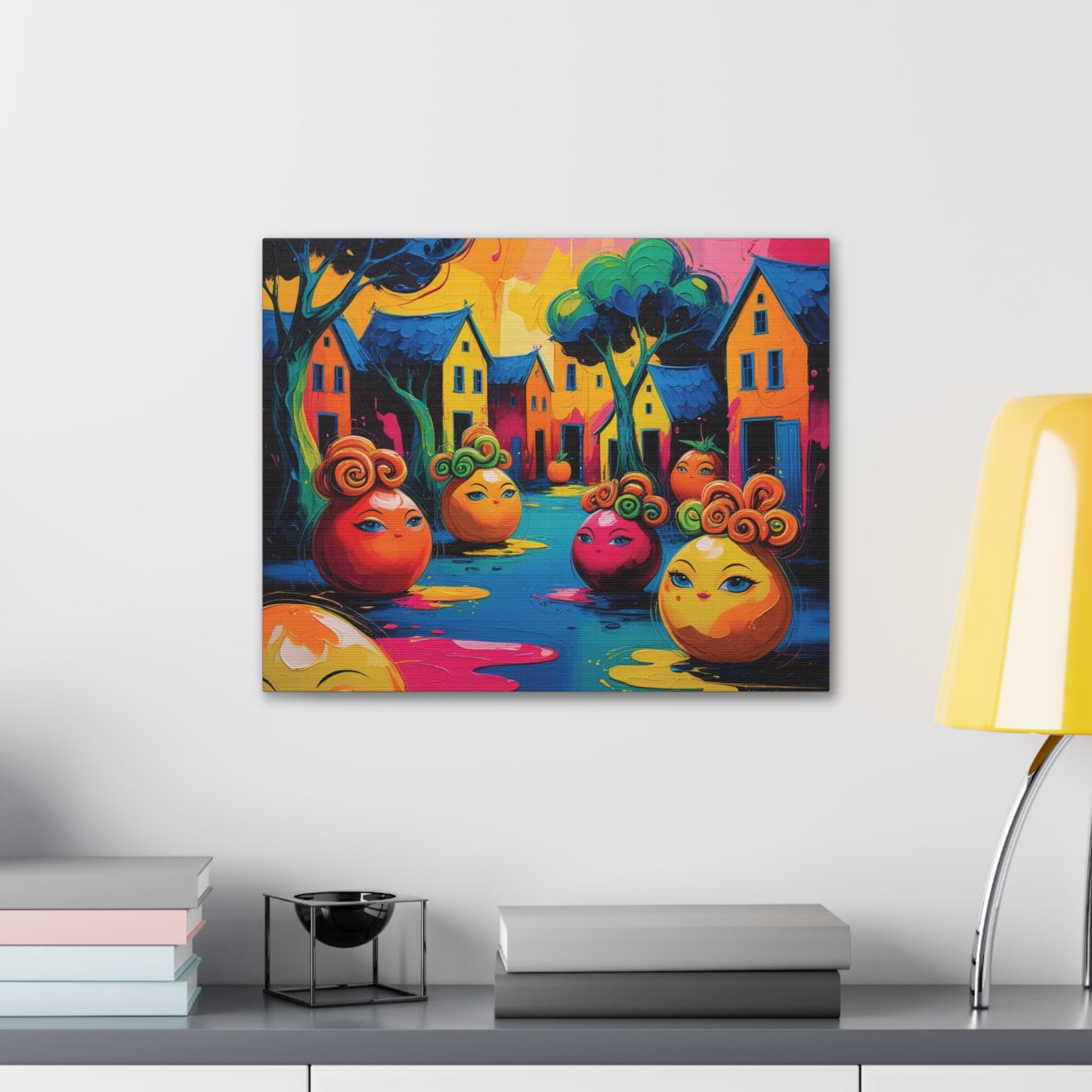 Vibrant Art Canvas Gallery Wraps - Whimsical Colorful Village Scene