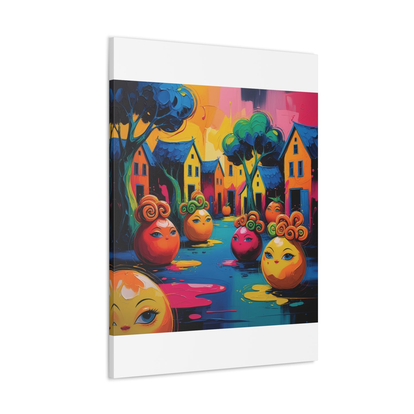 Vibrant Art Canvas Gallery Wraps - Whimsical Colorful Village Scene
