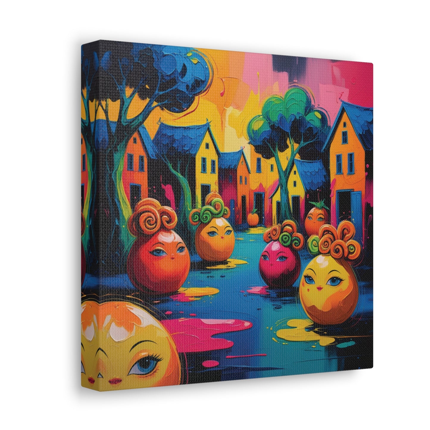 Vibrant Art Canvas Gallery Wraps - Whimsical Colorful Village Scene