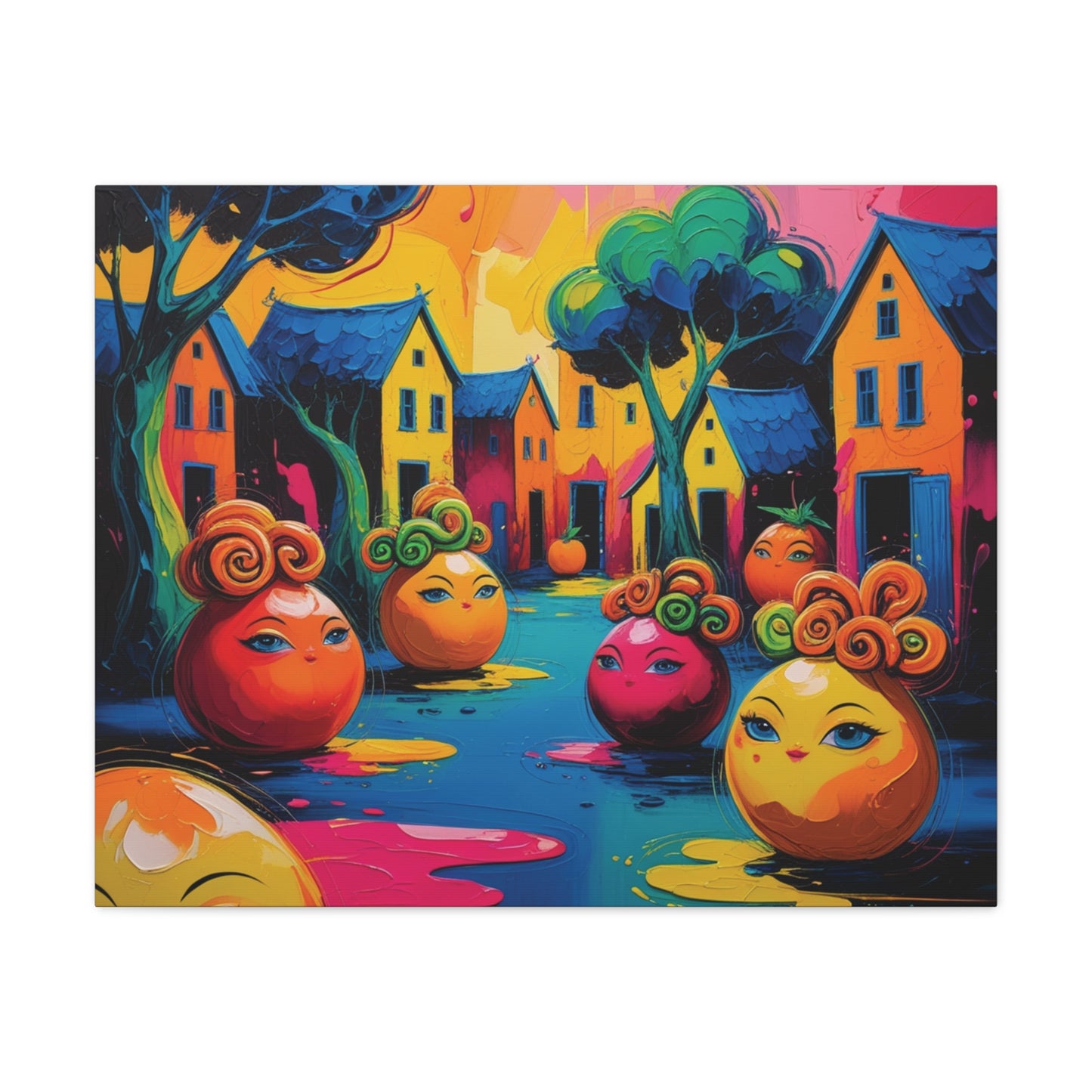 Vibrant Art Canvas Gallery Wraps - Whimsical Colorful Village Scene