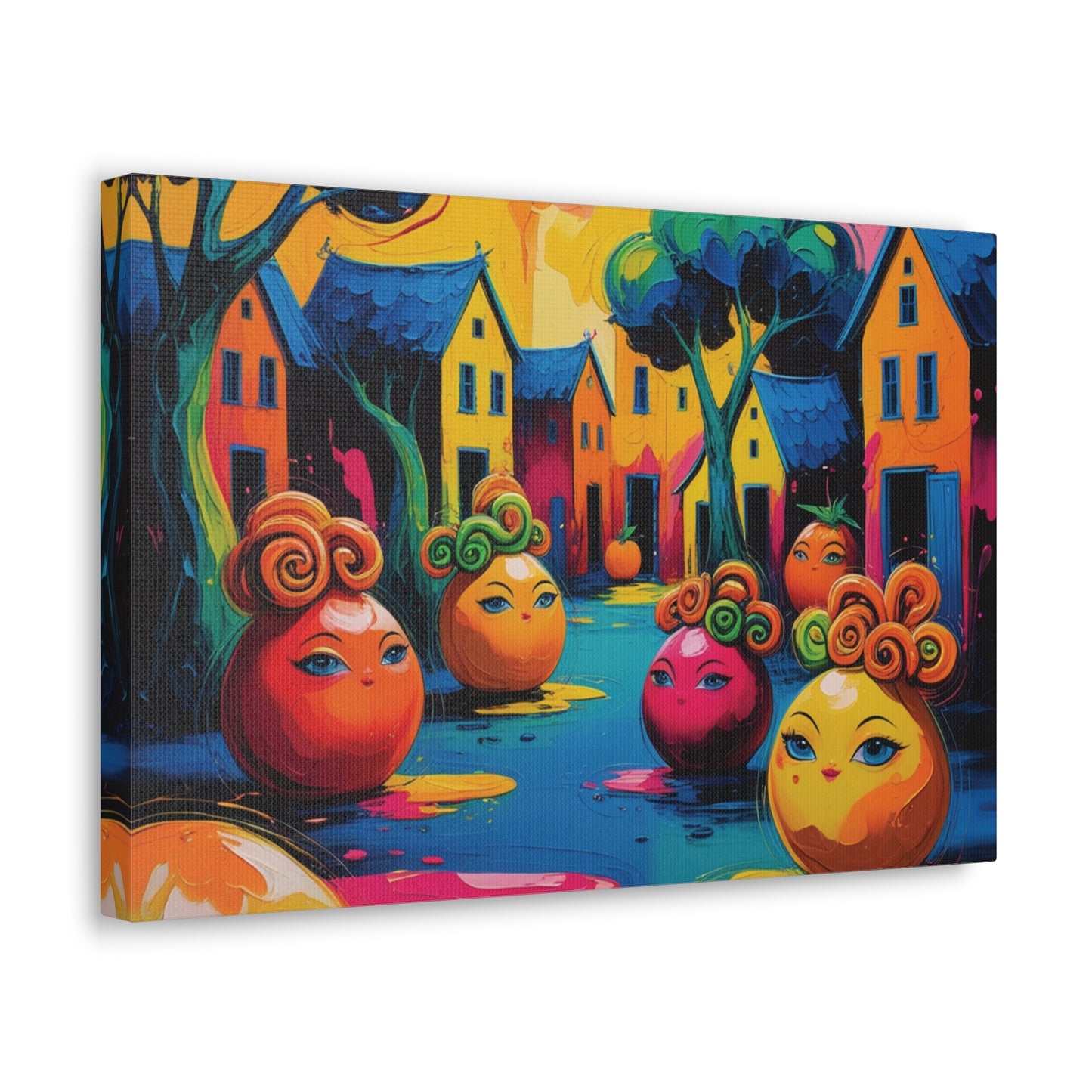 Vibrant Art Canvas Gallery Wraps - Whimsical Colorful Village Scene