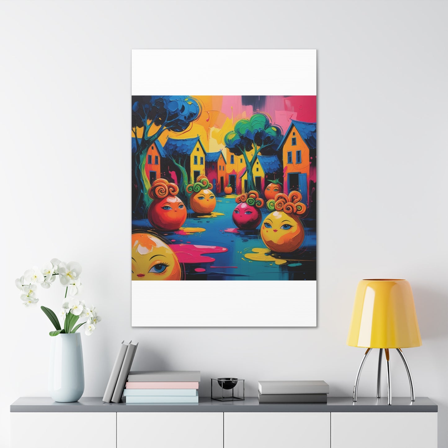 Vibrant Art Canvas Gallery Wraps - Whimsical Colorful Village Scene