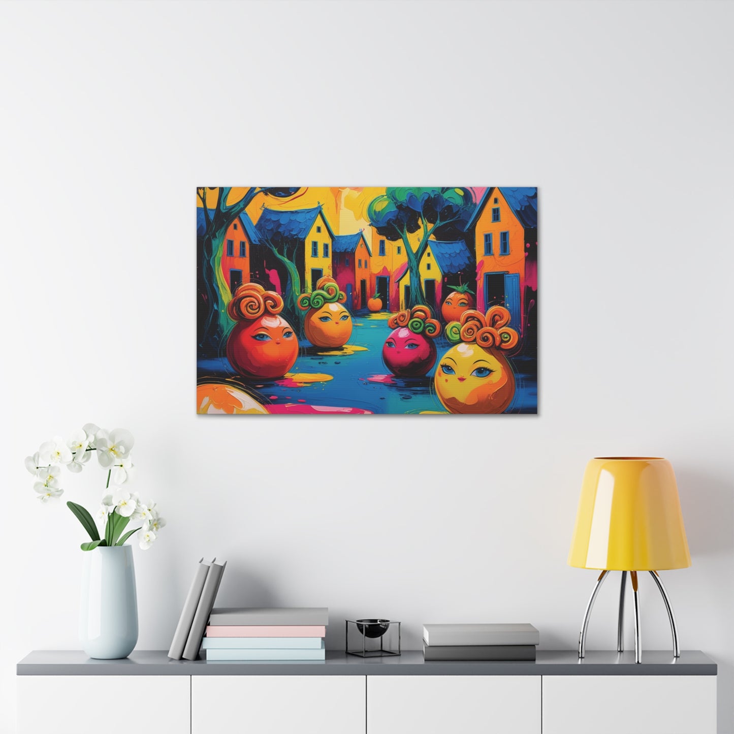 Vibrant Art Canvas Gallery Wraps - Whimsical Colorful Village Scene