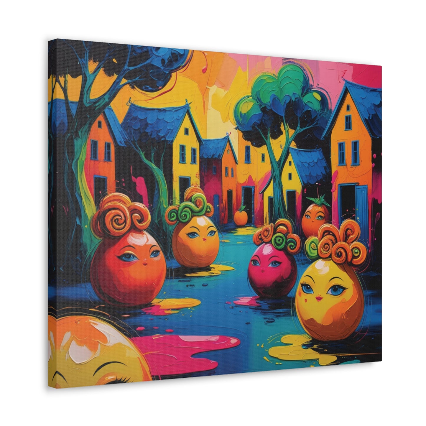 Vibrant Art Canvas Gallery Wraps - Whimsical Colorful Village Scene