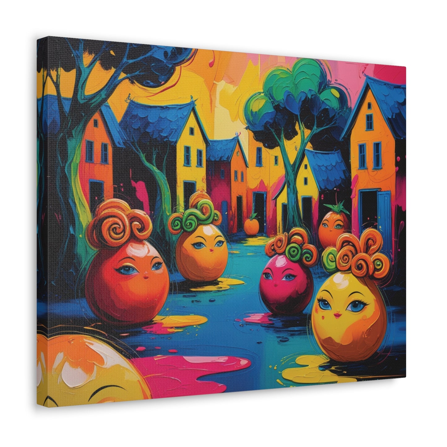Vibrant Art Canvas Gallery Wraps - Whimsical Colorful Village Scene