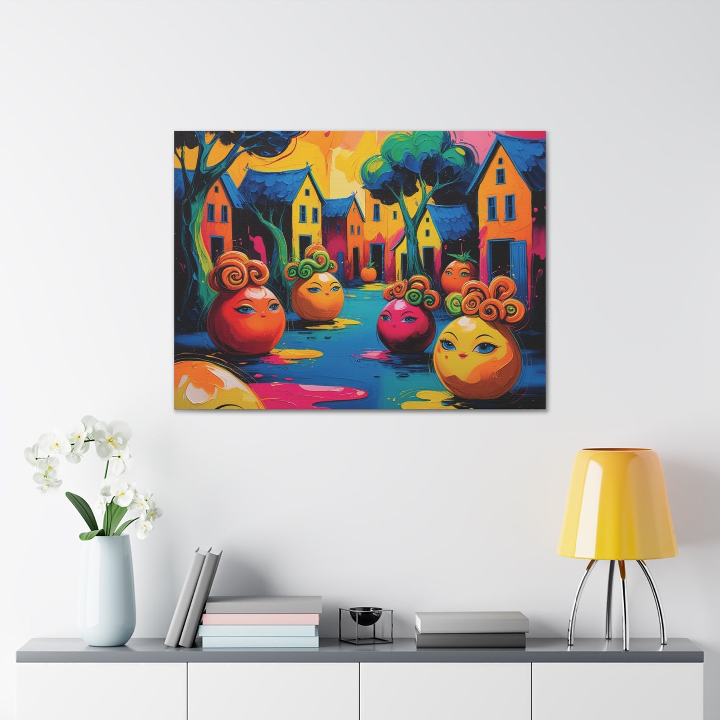 Vibrant Art Canvas Gallery Wraps - Whimsical Colorful Village Scene