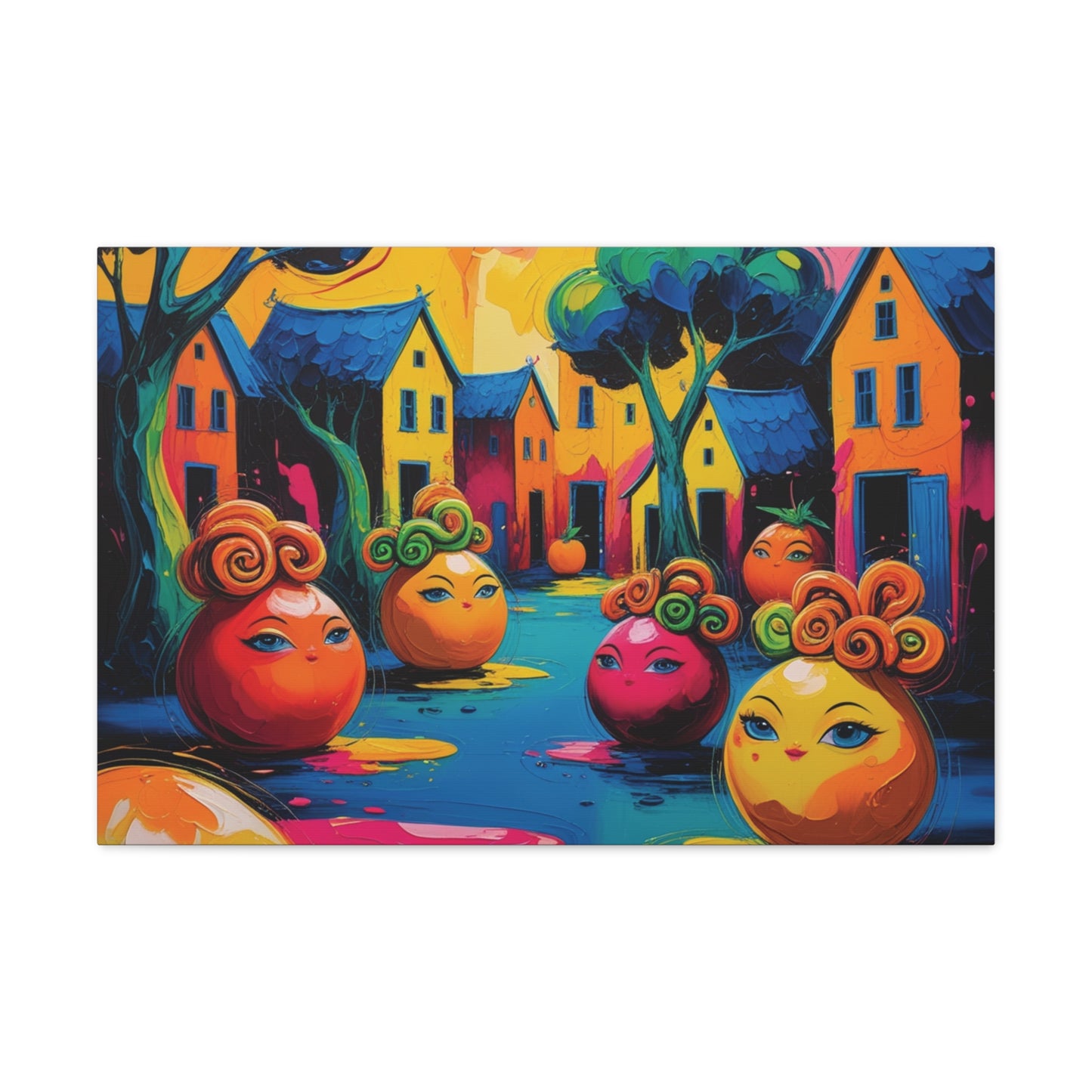 Vibrant Art Canvas Gallery Wraps - Whimsical Colorful Village Scene