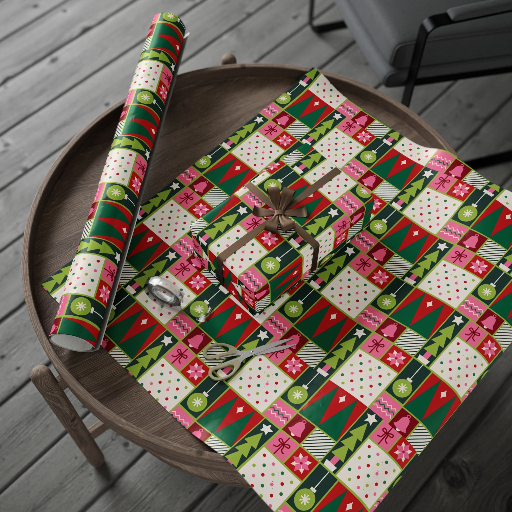 Christmas Patchwork Wrapping Paper Roll — Festive Green & Red Holiday Gift Wrap