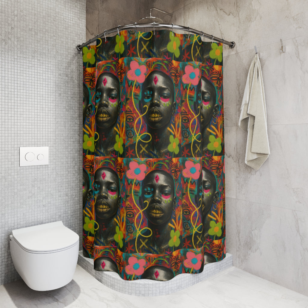 Bold Afrocentric Art Shower Curtain — Vibrant Floral Portrait Bathroom Decor
