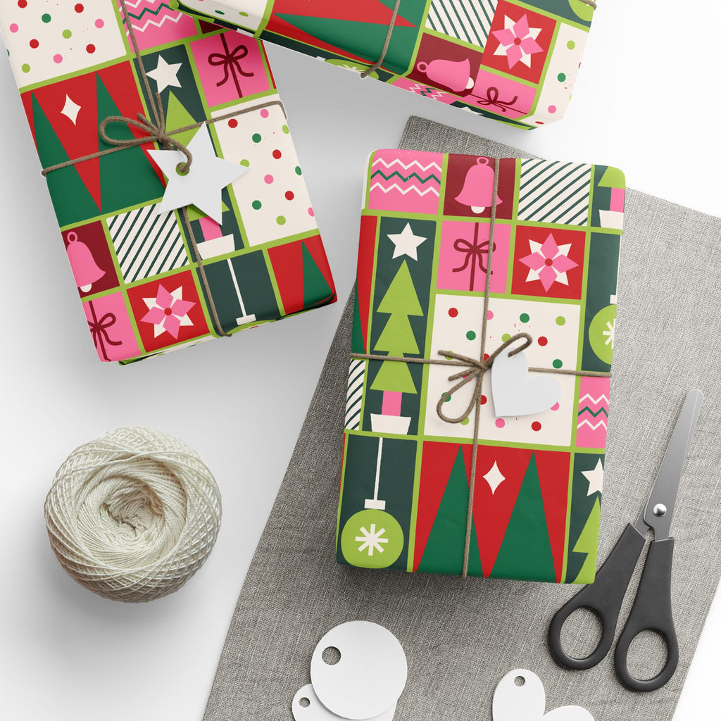 Christmas Patchwork Wrapping Paper Roll — Festive Green & Red Holiday Gift Wrap