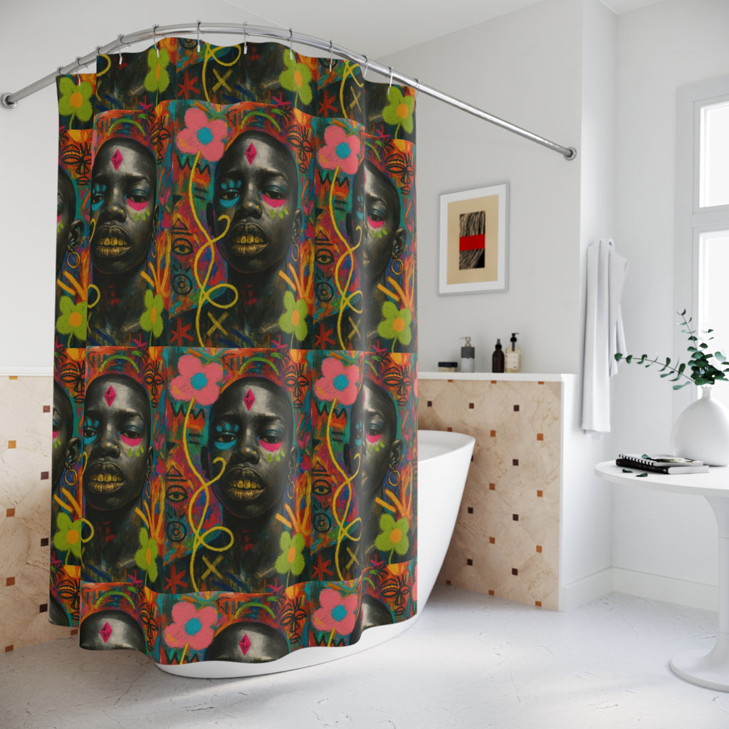 Bold Afrocentric Art Shower Curtain — Vibrant Floral Portrait Bathroom Decor