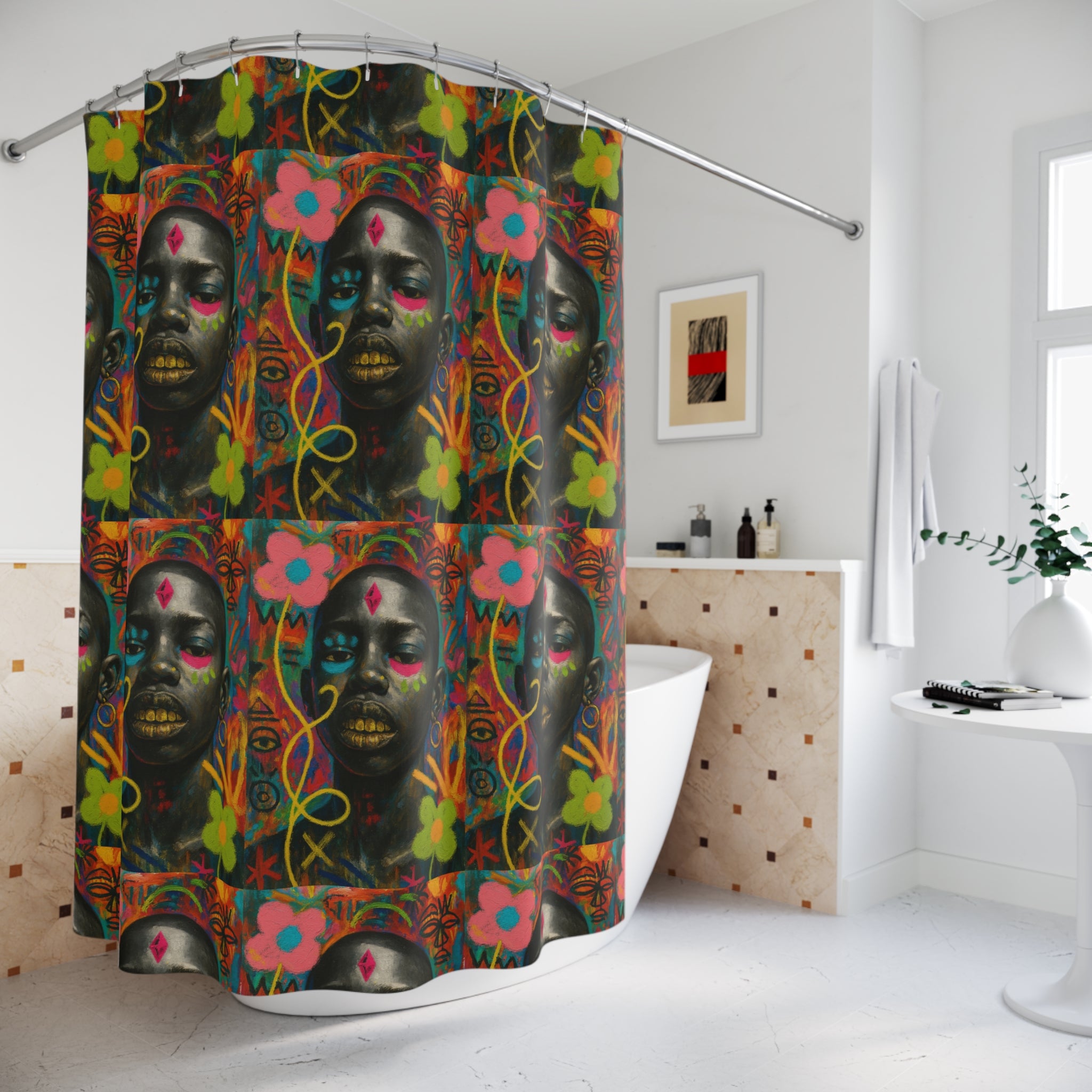 Bold Afrocentric Art Shower Curtain — Vibrant Floral Portrait Bathroom Decor