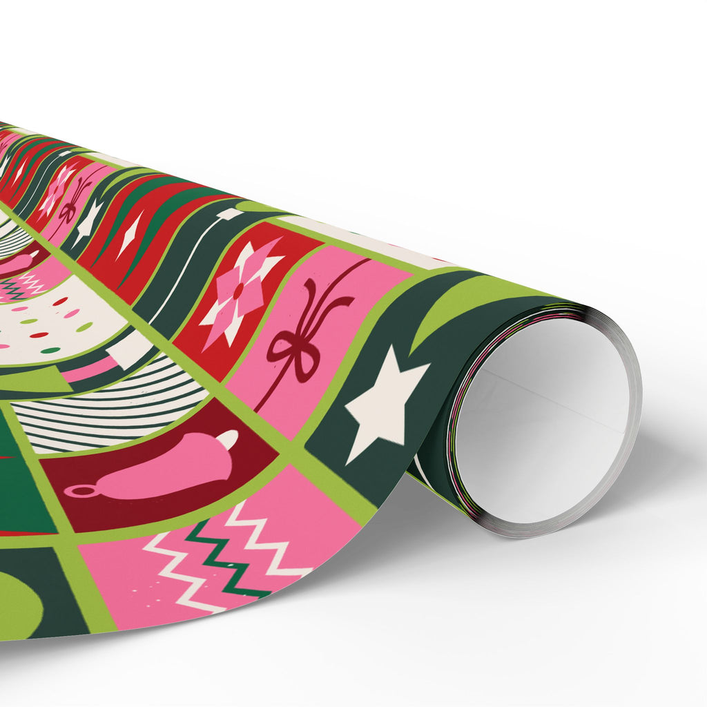 Christmas Patchwork Wrapping Paper Roll — Festive Green & Red Holiday Gift Wrap