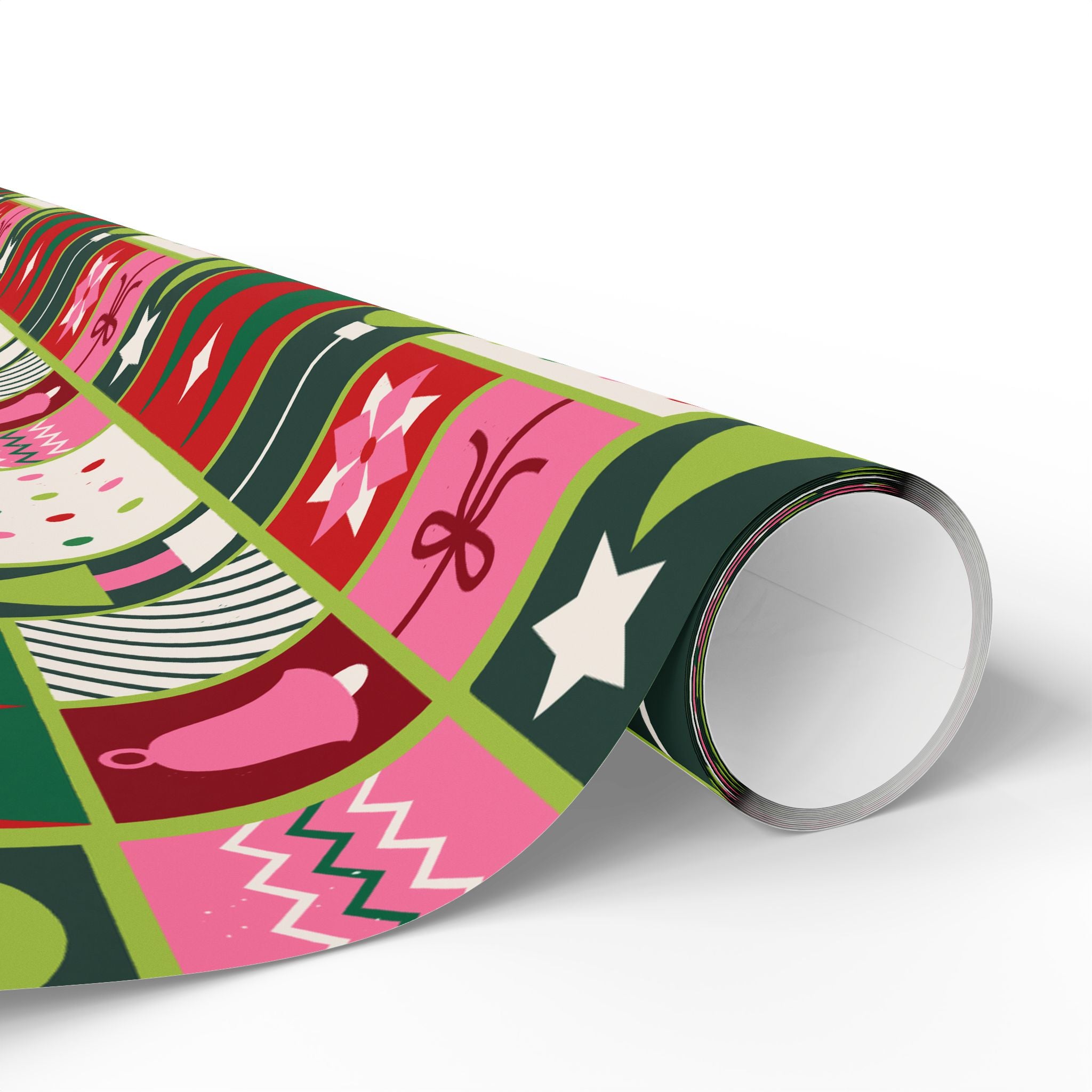 Christmas Patchwork Wrapping Paper Roll — Festive Green & Red Holiday Gift Wrap