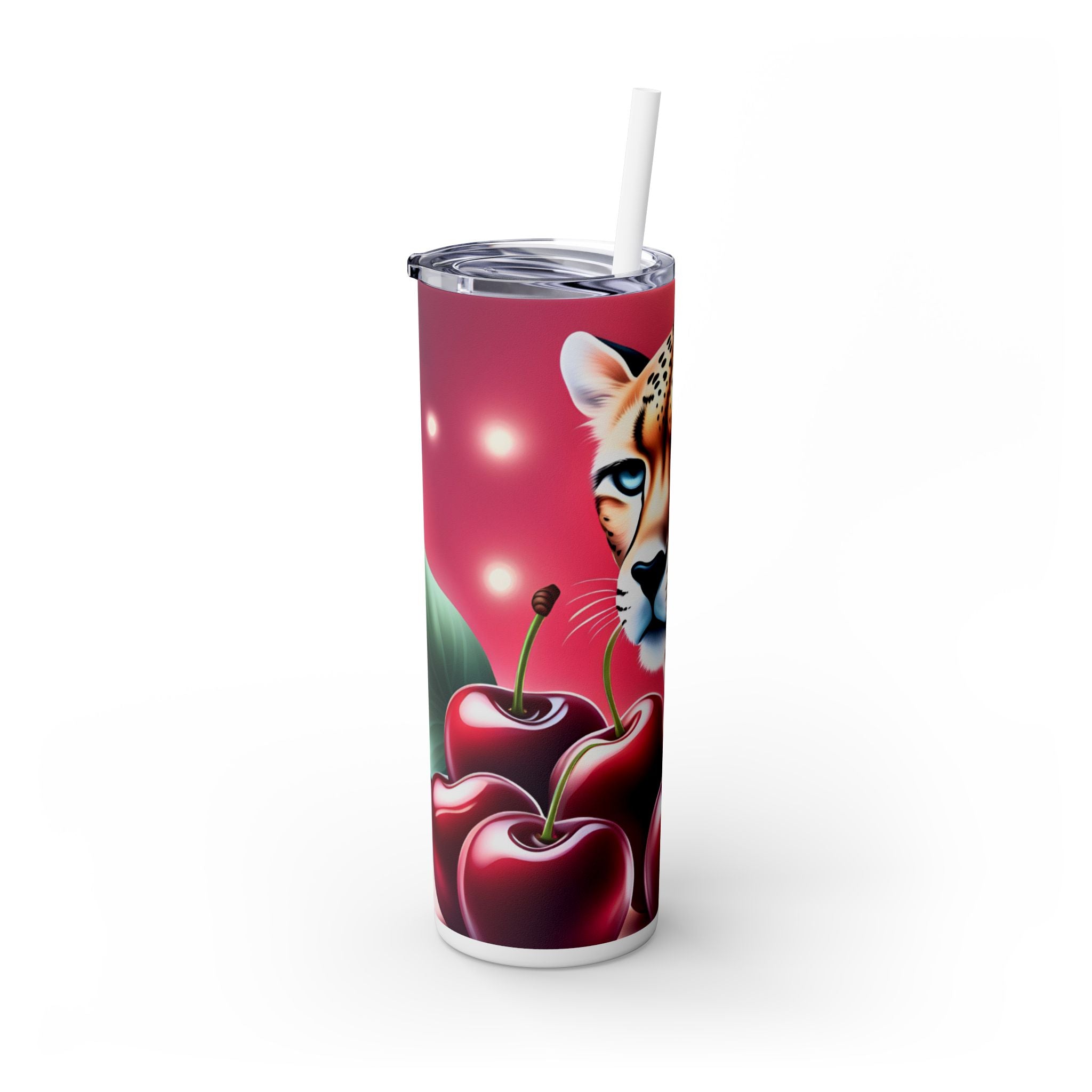 Wild Cherry Leopard Skinny Tumbler with Straw, 20oz - Vibrant Travel Mug for Nature Lovers