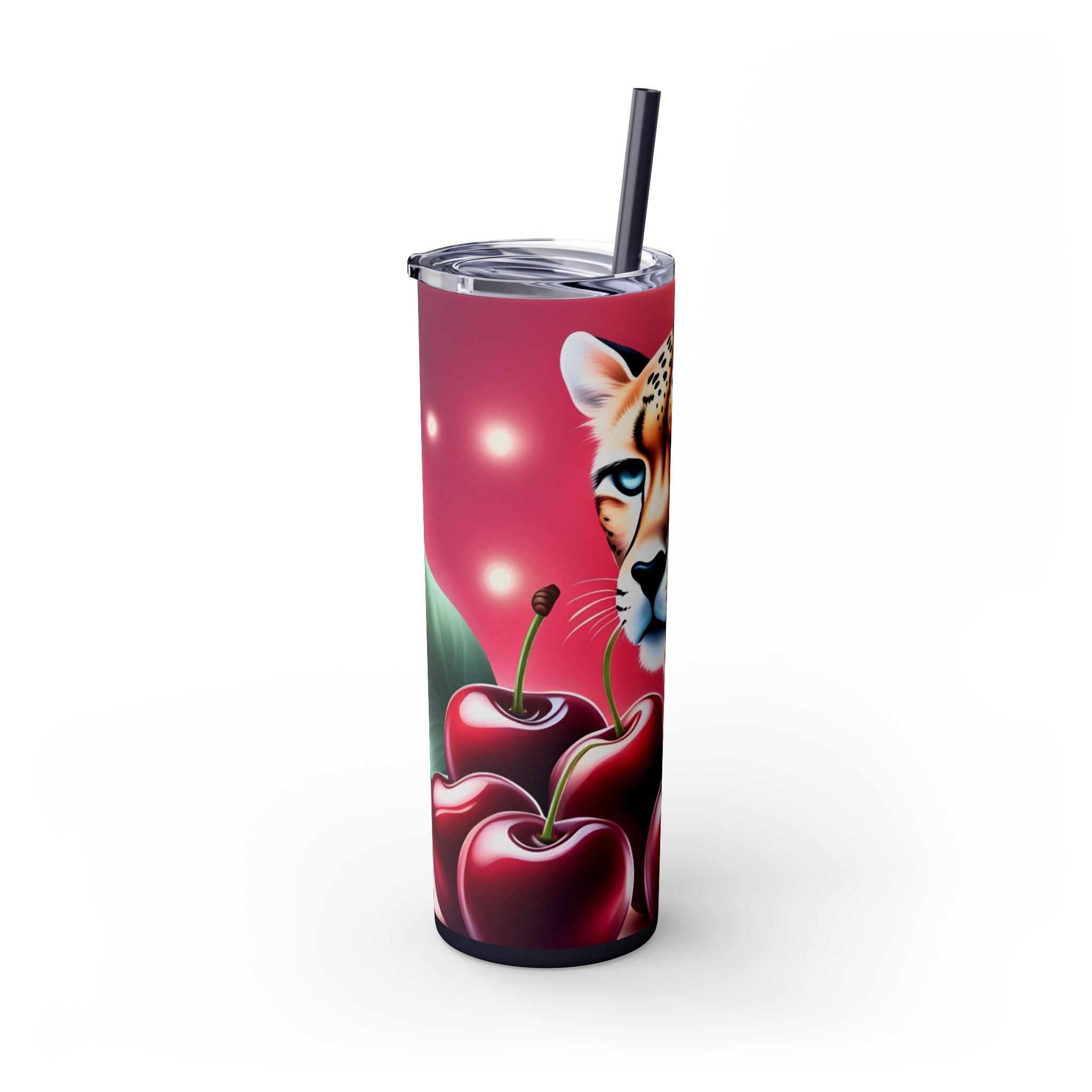 Wild Cherry Leopard Skinny Tumbler with Straw, 20oz - Vibrant Travel Mug for Nature Lovers