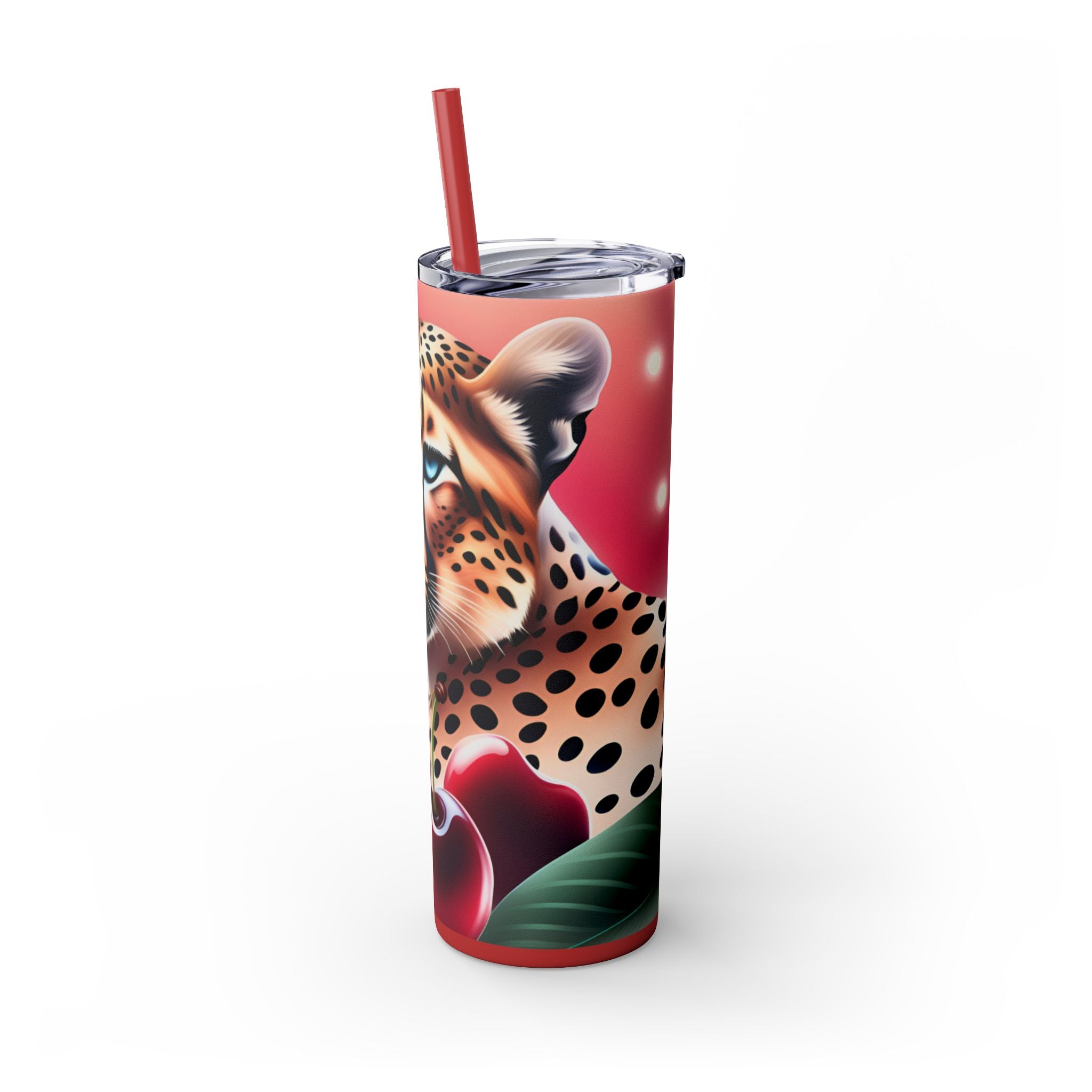 Wild Cherry Leopard Skinny Tumbler with Straw, 20oz - Vibrant Travel Mug for Nature Lovers