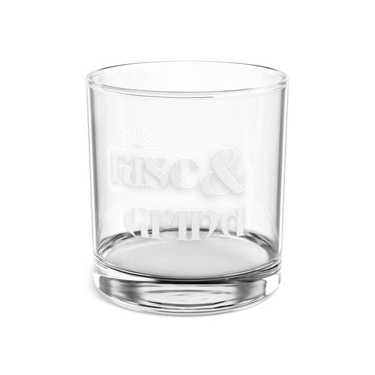 Rise & Grind Rocks Glass - 10oz Engraved Whiskey Drinking Glass for Home Bar and Gifting